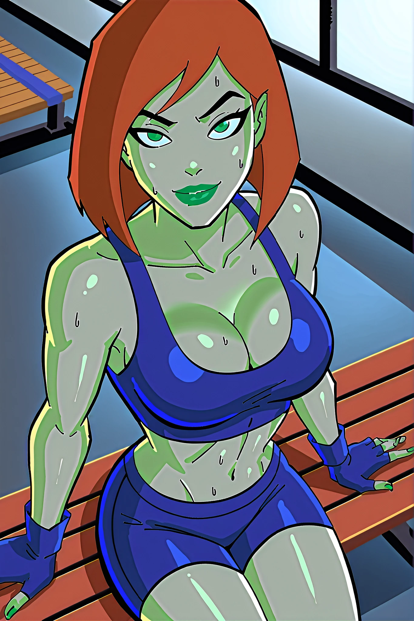BREAK, score_6_up, score_7_up, score_8_up, score_9, 1girl, solo, green skin, green eyes, orange hair, green lipstick, makeup, Megan, superhero, , busty, cleavage, curvy, athletic, looking at viewer, seducing viewer, teasing viewer,  expression, smiling, closed mouth, bedroom eyes, blue sports bra, blue gym shorts, blue fingerless gloves, indoors, gym, sitting on bench, closeup, portrait, upper body, high-angle view, dark blue eyeshadow, midriff,  shoulders, sweaty, sweat drops