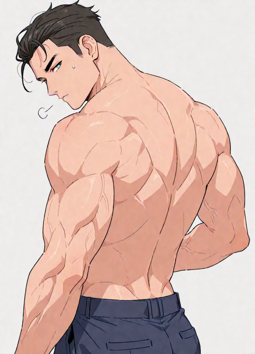 Hands down，???? ????? muscles，Upper body，(masterpiece，The best quality，H)，1 person，????? Man，很shy，My face turns red，shy，muscular，Eyes look at the audience，????，(????)，Blue eyes，????????，Upper body，short blue-purple hair，Youthful feeling，young，(Fluorescent lamp)，(One color)，(蓝色background)，Grey Striped Shorts，Thick arms，Broad shoulders，Strong without being bulky，tall and big，Extremely tall，The room looks small to him.，Hairy body，Very big body，Covered with muscles，Very strong，strongman，huge，maximum，Open your arms to your sides，Facial Cleansing，Clean face，????? muscle expansion，background：A hanger full of clothes