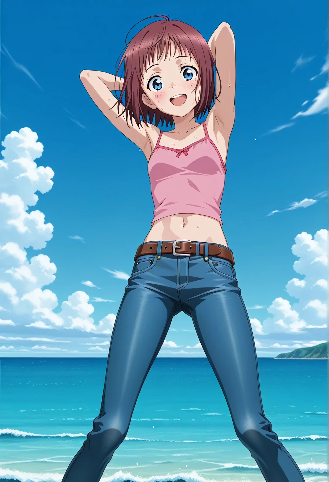 score_9, score_8_up, score_7_up, source_anime, highres, hi res, ((best quality, top quality, perfect quality, Highest Quality, amazing quality)), {{masterpiece}}, {{an extremely delicate and beautiful}}, 2d, intricate details, official style, anime, 8k, anime style, official_anime, official art, digital painting, cell shading, soft shading, high resolution, soothing tones, Subdued Color, Soft cinematic light, adobe lightroom, photolab, HDR, intricately and hyper-detailed, ((high quality animation)), 1 girl, Alone, solo, ((ocean)), tsunami, on the water, day, sunny, outdoors, sky, windy, Maxine_DE, freckles, brown hair, blue eyes, short hair, bob cut, anime screencap, small breasts, pink camisole top, crop top, pink crop top, best quality, hyper-detailed jeans, belt, brown belt, ((blue jeans:1.9)), (dark blue jeans:0.6), full medium body, medium shot, Open mouth, smiling, happy face, blush, sweat, standing, ((arms behind head:6.0)), bowlegged, jumping pose, action, looking at viewer, spread legs, Bend knees slightly, straight-on front view