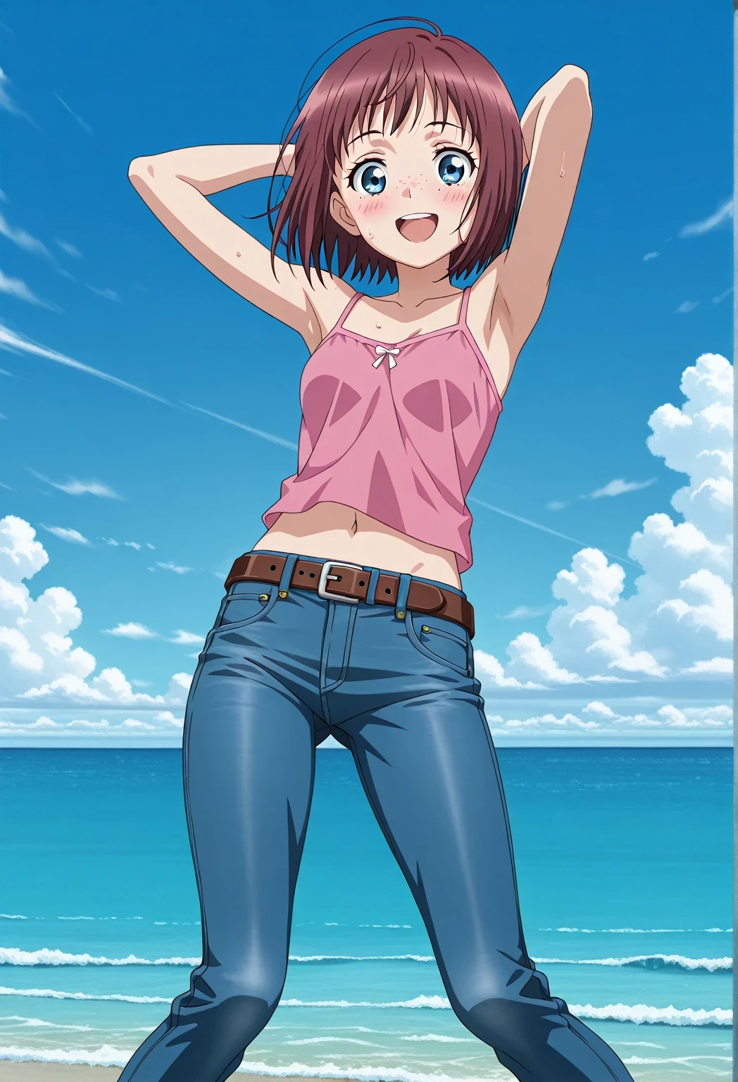 score_9, score_8_up, score_7_up, source_anime, highres, hi res, ((best quality, top quality, perfect quality, Highest Quality, amazing quality)), {{masterpiece}}, {{an extremely delicate and beautiful}}, 2d, intricate details, official style, anime, 8k, anime style, official_anime, official art, digital painting, cell shading, soft shading, high resolution, soothing tones, Subdued Color, Soft cinematic light, adobe lightroom, photolab, HDR, intricately and hyper-detailed, ((high quality animation)), 1 girl, Alone, solo, ((ocean)), tsunami, on the water, day, sunny, outdoors, sky, windy, Maxine_DE, freckles, brown hair, blue eyes, short hair, bob cut, anime screencap, small breasts, pink camisole top, crop top, pink crop top, best quality, hyper-detailed jeans, belt, brown belt, ((blue jeans:1.9)), (dark blue jeans:0.6), full medium body, medium shot, Open mouth, smiling, happy face, blush, sweat, standing, ((arms behind head:6.0)), bowlegged, jumping pose, action, looking at viewer, spread legs, Bend knees slightly, straight-on front view