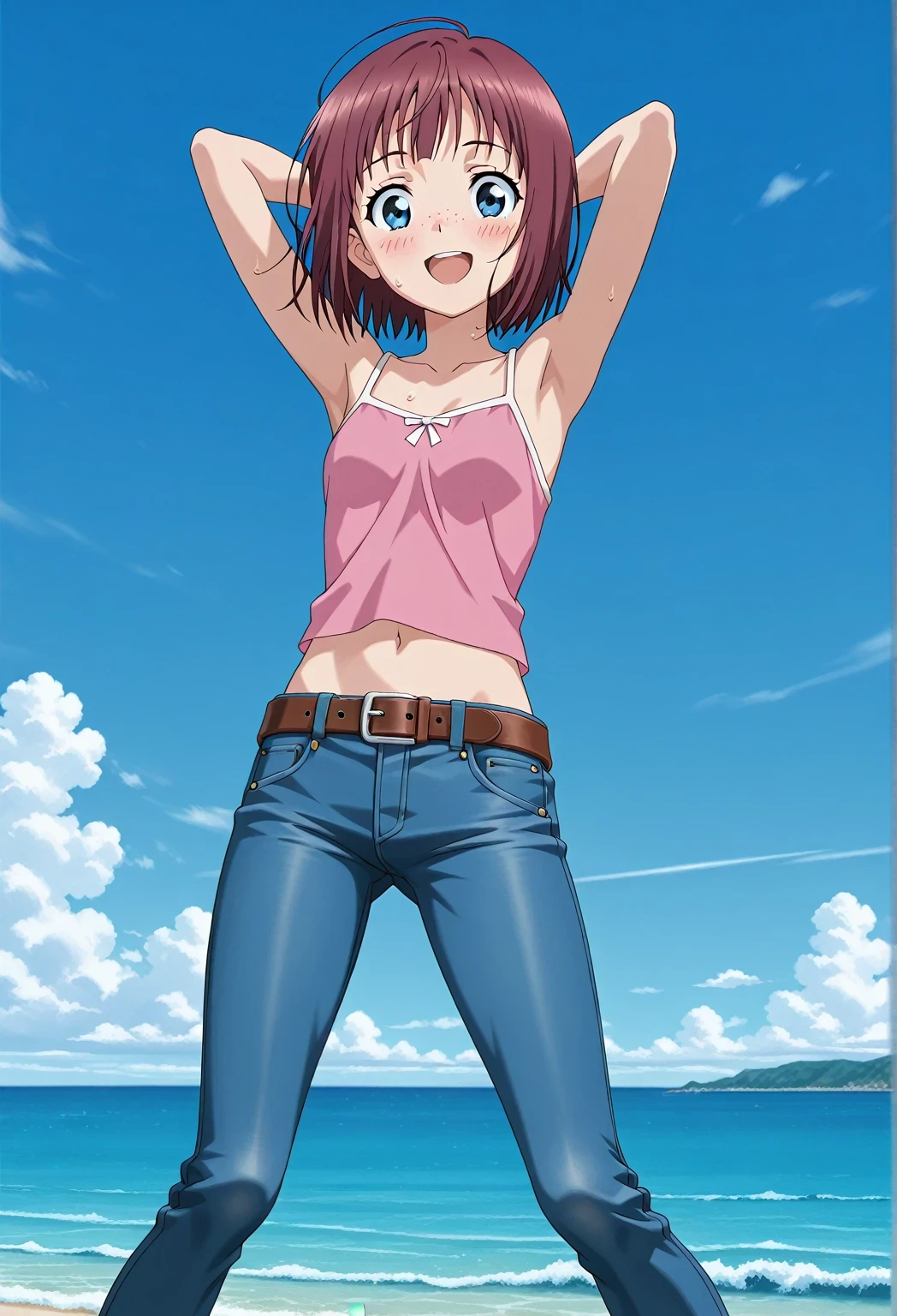 score_9, score_8_up, score_7_up, source_anime, highres, hi res, ((best quality, top quality, perfect quality, Highest Quality, amazing quality)), {{masterpiece}}, {{an extremely delicate and beautiful}}, 2d, intricate details, official style, anime, 8k, anime style, official_anime, official art, digital painting, cell shading, soft shading, high resolution, soothing tones, Subdued Color, Soft cinematic light, adobe lightroom, photolab, HDR, intricately and hyper-detailed, ((high quality animation)), 1 girl, Alone, solo, ((ocean)), tsunami, on the water, day, sunny, outdoors, sky, windy, Maxine_DE, freckles, brown hair, blue eyes, short hair, bob cut, anime screencap, small breasts, pink camisole top, crop top, pink crop top, best quality, hyper-detailed jeans, belt, brown belt, ((blue jeans:1.9)), (dark blue jeans:0.6), full medium body, medium shot, Open mouth, smiling, happy face, blush, sweat, standing, ((arms behind head:6.0)), bowlegged, jumping pose, action, looking at viewer, spread legs, Bend knees slightly, straight-on front view