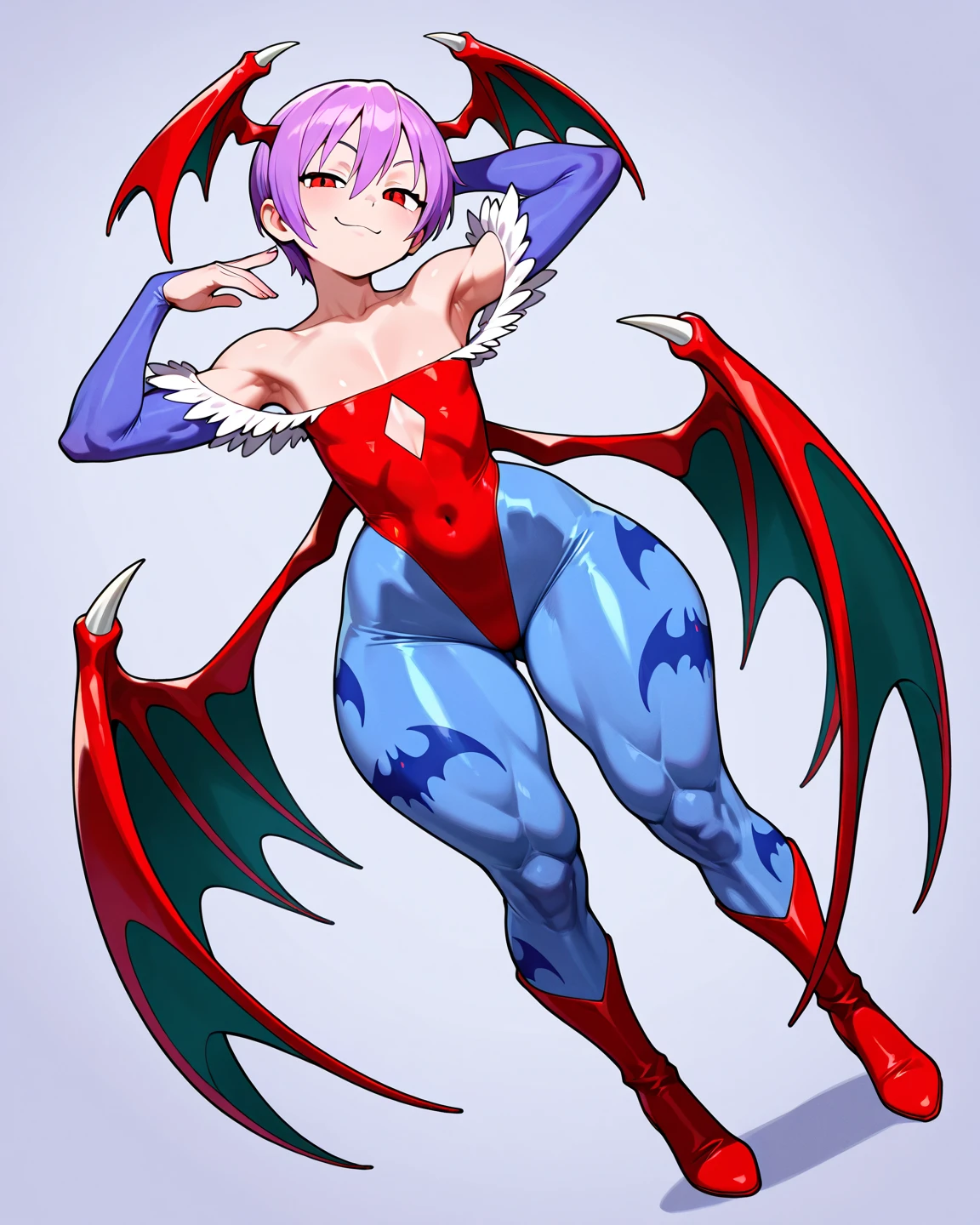 score_9, score_8_up, score_7_up, source anime, prefect lighting, very aesthetic, BREAK, anime coloring, 
<lora:lilith_darkstalkers_v2-pdv6:1>, 1girl, lilith \(darkstalkers\), red eyes, purple hair, short hair,  
lilithout, red leotard, blue pantyhose, print pantyhose, bat print, bridal gauntlets, highleg, bare shoulders, diamond cutout, head wings, from behind, 
BREAK, looking at viewer, light smile,
BREAK,