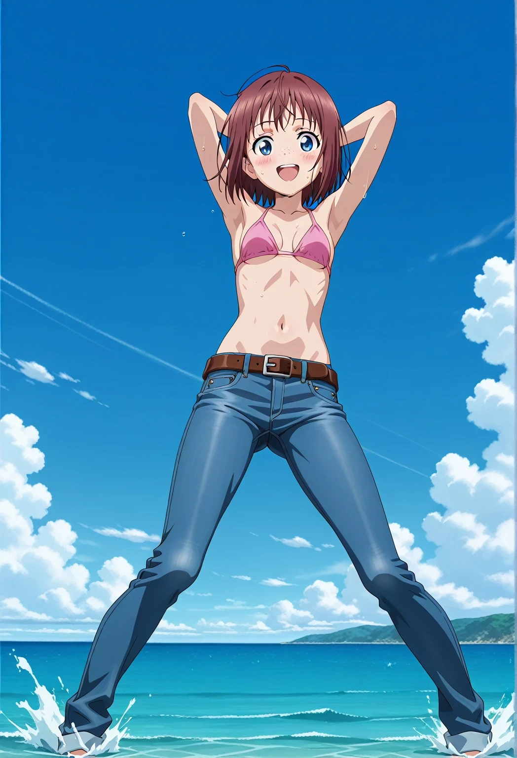 score_9, score_8_up, score_7_up, source_anime, highres, hi res, ((best quality, top quality, perfect quality, Highest Quality, amazing quality)), {{masterpiece}}, {{an extremely delicate and beautiful}}, 2d, intricate details, official style, anime, 8k, anime style, official_anime, official art, digital painting, cell shading, soft shading, high resolution, soothing tones, Subdued Color, Soft cinematic light, adobe lightroom, photolab, HDR, intricately and hyper-detailed, ((high quality animation)), 1 girl, Alone, solo, ((ocean)), tsunami, on the water, day, sunny, outdoors, sky, windy, Maxine_DE, freckles, brown hair, blue eyes, short hair, bob cut, anime screencap, small breasts, pink bikini top, best quality, hyper-detailed jeans, belt, brown belt, ((blue jeans:1.9)), (dark blue jeans:0.6), full medium body, medium shot, Open mouth, smiling, happy face, blush, sweat, standing, ((arms behind head:6.0)), bowlegged, jumping pose, action, looking at viewer, spread legs, Bend knees slightly, straight-on front view