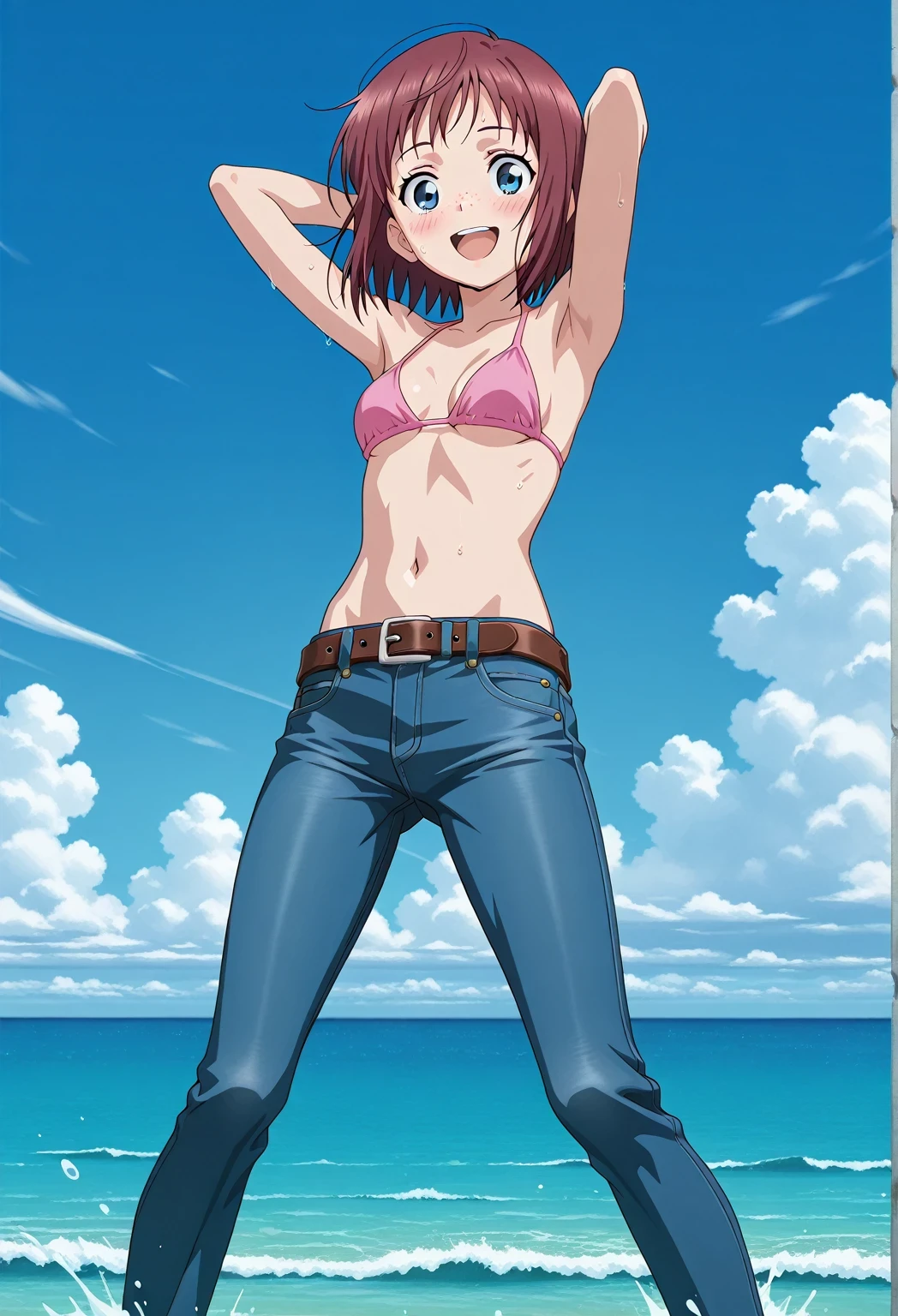 score_9, score_8_up, score_7_up, source_anime, highres, hi res, ((best quality, top quality, perfect quality, Highest Quality, amazing quality)), {{masterpiece}}, {{an extremely delicate and beautiful}}, 2d, intricate details, official style, anime, 8k, anime style, official_anime, official art, digital painting, cell shading, soft shading, high resolution, soothing tones, Subdued Color, Soft cinematic light, adobe lightroom, photolab, HDR, intricately and hyper-detailed, ((high quality animation)), 1 girl, Alone, solo, ((ocean)), tsunami, on the water, day, sunny, outdoors, sky, windy, Maxine_DE, freckles, brown hair, blue eyes, short hair, bob cut, anime screencap, small breasts, pink bikini top, best quality, hyper-detailed jeans, belt, brown belt, ((blue jeans:1.9)), (dark blue jeans:0.6), full medium body, medium shot, Open mouth, smiling, happy face, blush, sweat, standing, ((arms behind head:6.0)), bowlegged, jumping pose, action, looking at viewer, spread legs, Bend knees slightly, straight-on front view