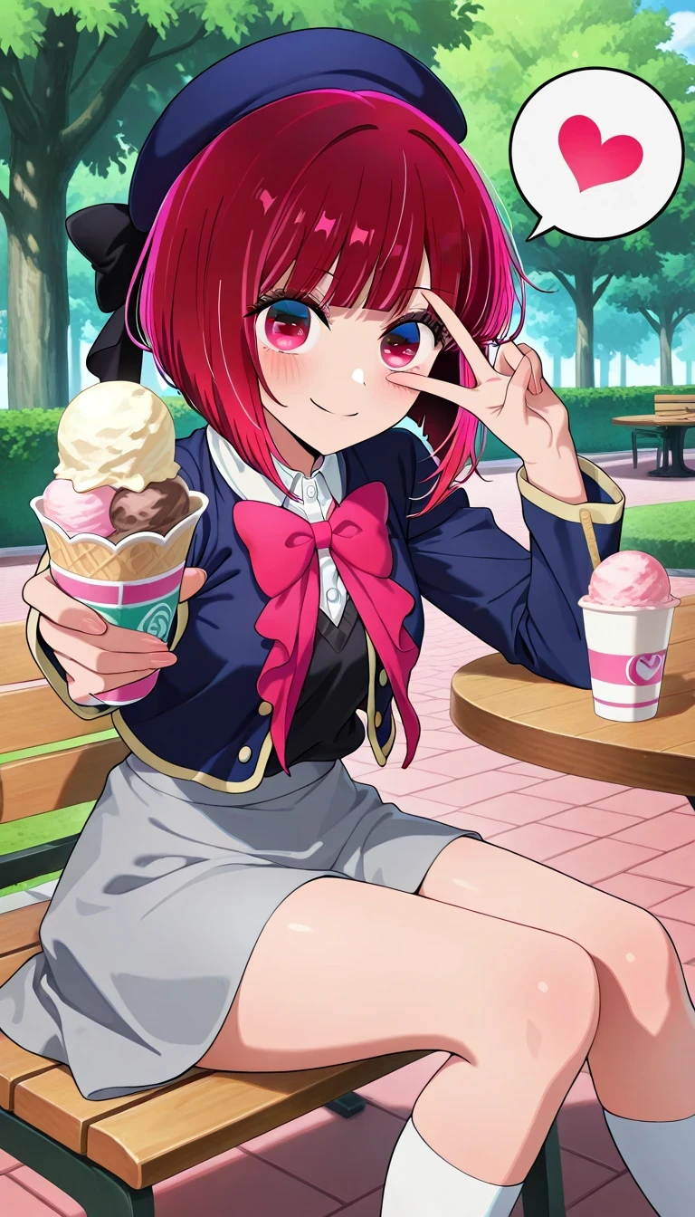 anime style, masterpiece, best quality, ultra detailed, highres, 8k, smile, 1 girl,
Arima Kana, , park , v over the eye, sitting, sideways, table, ice cream in a cup, giving a speech ❤️, white socks