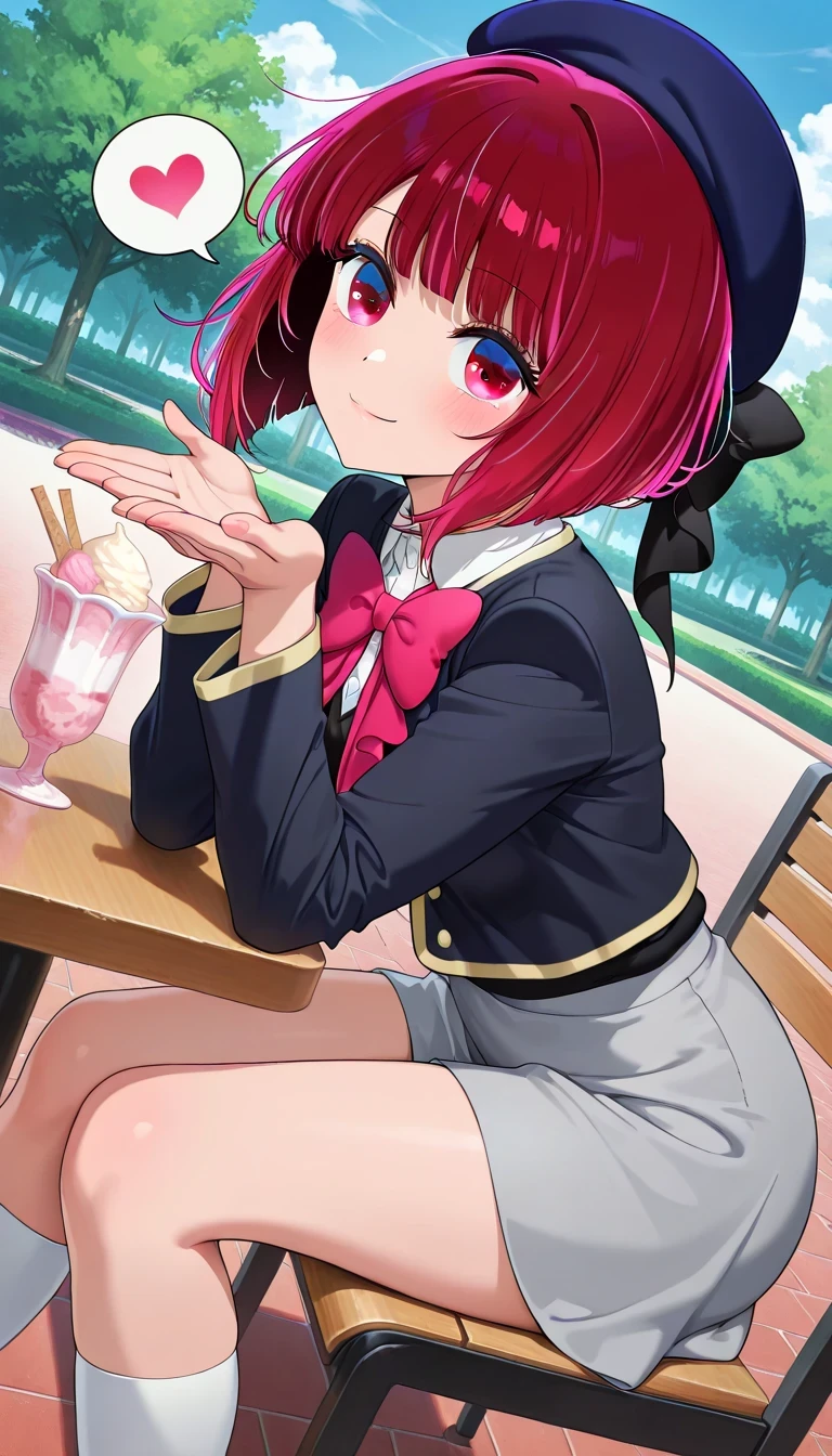 anime style, masterpiece, best quality, ultra detailed, highres, 8k, smile, 1 girl,
Arima Kana, , park , blowing kiss, sitting, sideways, table, ice cream in a cup, giving a speech ❤️, white socks