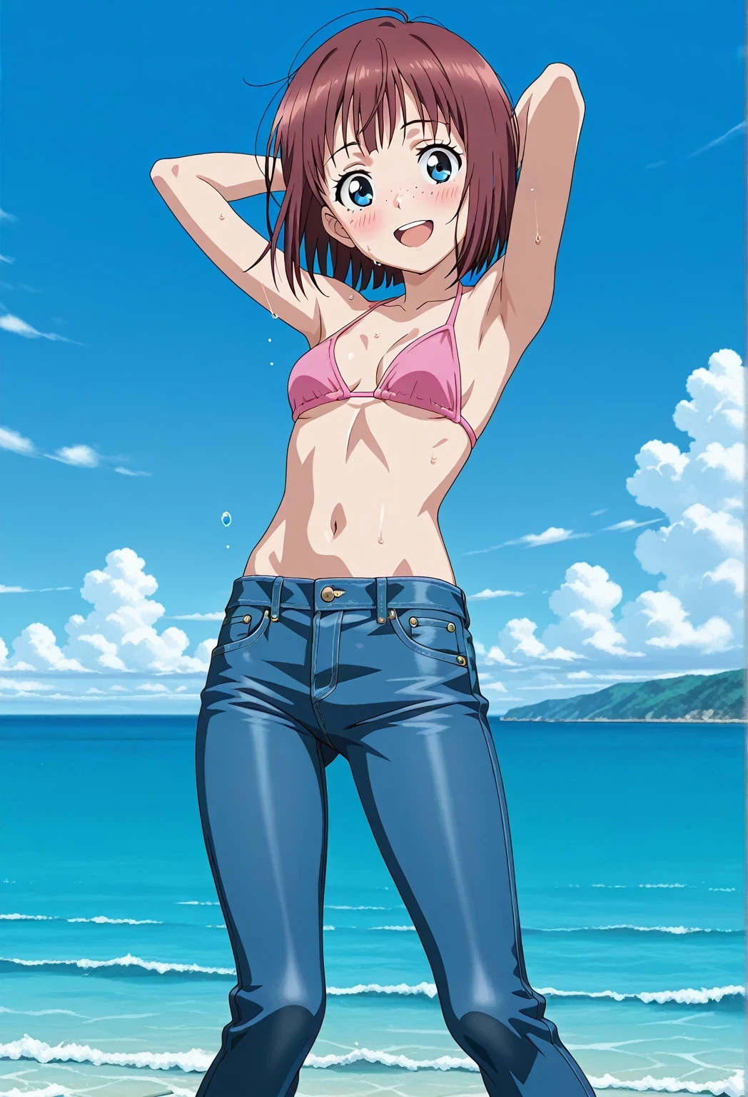 score_9, score_8_up, score_7_up, source_anime, highres, hi res, ((best quality, top quality, perfect quality, Highest Quality, amazing quality)), {{masterpiece}}, {{an extremely delicate and beautiful}}, 2d, intricate details, official style, anime, 8k, anime style, official_anime, official art, digital painting, cell shading, soft shading, high resolution, soothing tones, Subdued Color, Soft cinematic light, adobe lightroom, photolab, HDR, intricately and hyper-detailed, ((high quality animation)), 1 girl, Alone, solo, ((ocean)), tsunami, on the water, day, sunny, outdoors, sky, windy, Maxine_DE, freckles, brown hair, blue eyes, short hair, bob cut, anime screencap, small breasts, pink bikini top, best quality, hyper-detailed jeans, ((blue jeans:1.9)), (dark blue jeans:0.6), full medium body, medium shot, Open mouth, smiling, happy face, blush, sweat, standing, ((arms behind head:6.0)), bowlegged, jumping pose, action, looking at viewer, spread legs, Bend knees slightly, straight-on front view