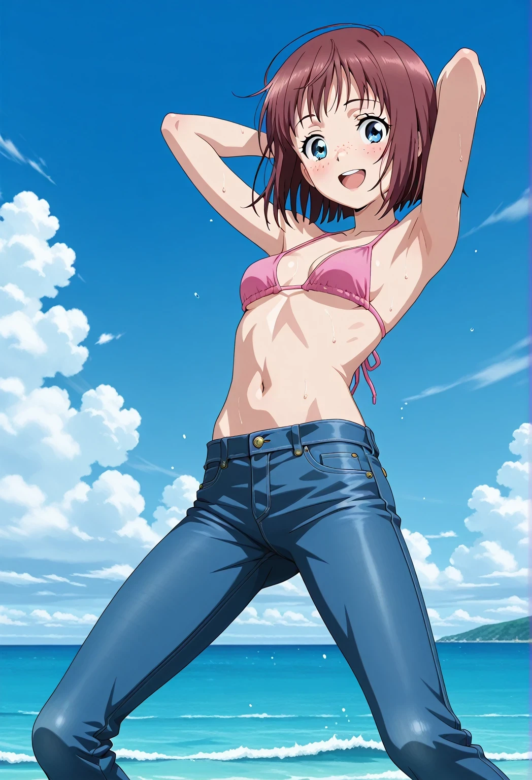 score_9, score_8_up, score_7_up, source_anime, highres, hi res, ((best quality, top quality, perfect quality, Highest Quality, amazing quality)), {{masterpiece}}, {{an extremely delicate and beautiful}}, 2d, intricate details, official style, anime, 8k, anime style, official_anime, official art, digital painting, cell shading, soft shading, high resolution, soothing tones, Subdued Color, Soft cinematic light, adobe lightroom, photolab, HDR, intricately and hyper-detailed, ((high quality animation)), 1 girl, Alone, solo, ((ocean)), tsunami, on the water, day, sunny, outdoors, sky, windy, Maxine_DE, freckles, brown hair, blue eyes, short hair, bob cut, anime screencap, small breasts, pink bikini top, best quality, hyper-detailed jeans, ((blue jeans:1.9)), (dark blue jeans:0.6), full medium body, medium shot, Open mouth, smiling, happy face, blush, sweat, standing, ((arms behind head:6.0)), bowlegged, jumping pose, action, looking at viewer, spread legs, Bend knees slightly, straight-on front view