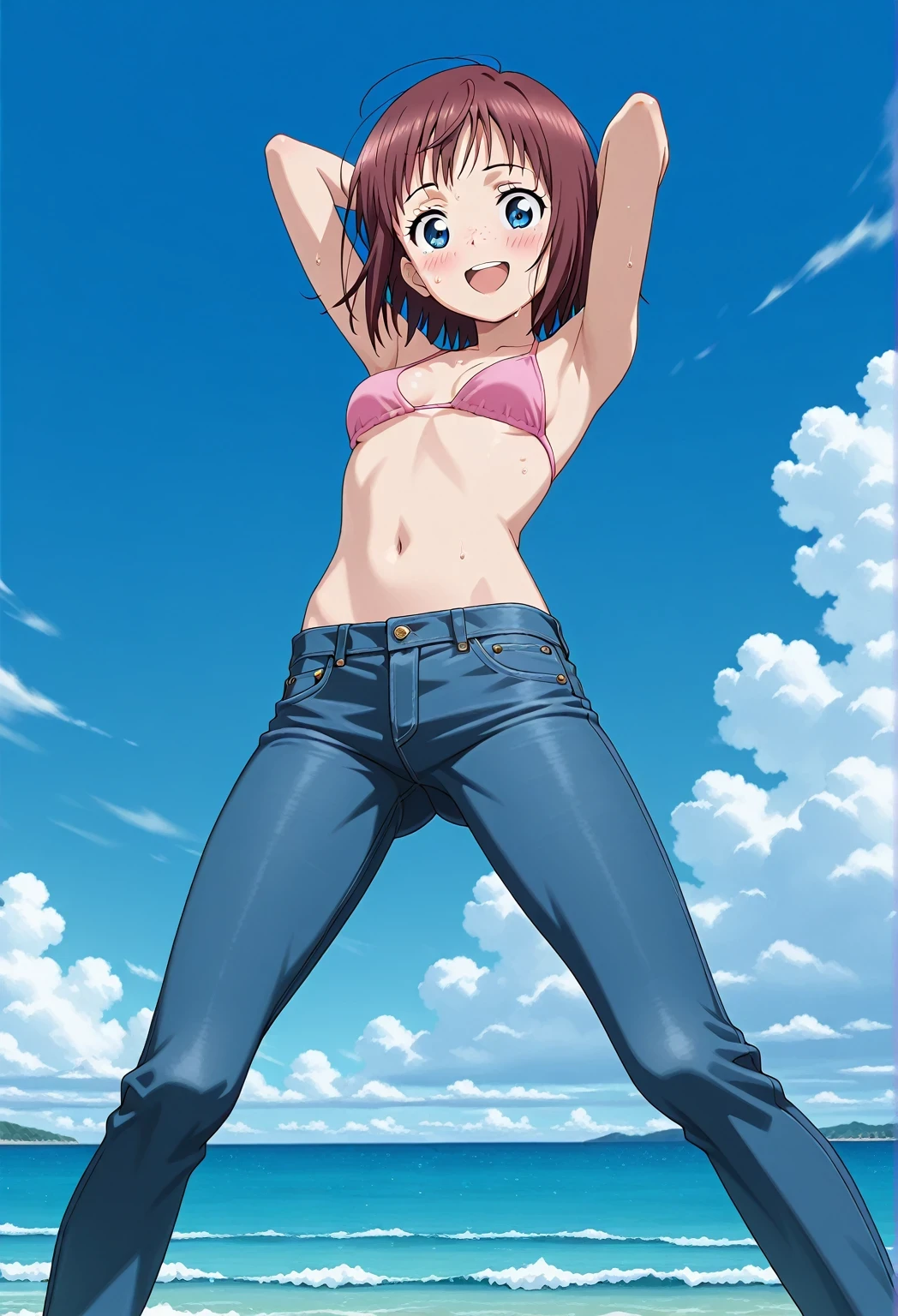 score_9, score_8_up, score_7_up, source_anime, highres, hi res, ((best quality, top quality, perfect quality, Highest Quality, amazing quality)), {{masterpiece}}, {{an extremely delicate and beautiful}}, 2d, intricate details, official style, anime, 8k, anime style, official_anime, official art, digital painting, cell shading, soft shading, high resolution, soothing tones, Subdued Color, Soft cinematic light, adobe lightroom, photolab, HDR, intricately and hyper-detailed, ((high quality animation)), 1 girl, Alone, solo, ((ocean)), tsunami, on the water, day, sunny, outdoors, sky, windy, Maxine_DE, freckles, brown hair, blue eyes, short hair, bob cut, anime screencap, small breasts, pink bikini top, best quality, hyper-detailed jeans, ((blue jeans:1.9)), (dark blue jeans:0.6), full medium body, medium shot, Open mouth, smiling, happy face, blush, sweat, standing, ((arms behind head:6.0)), bowlegged, jumping pose, action, looking at viewer, spread legs, Bend knees slightly, straight-on front view