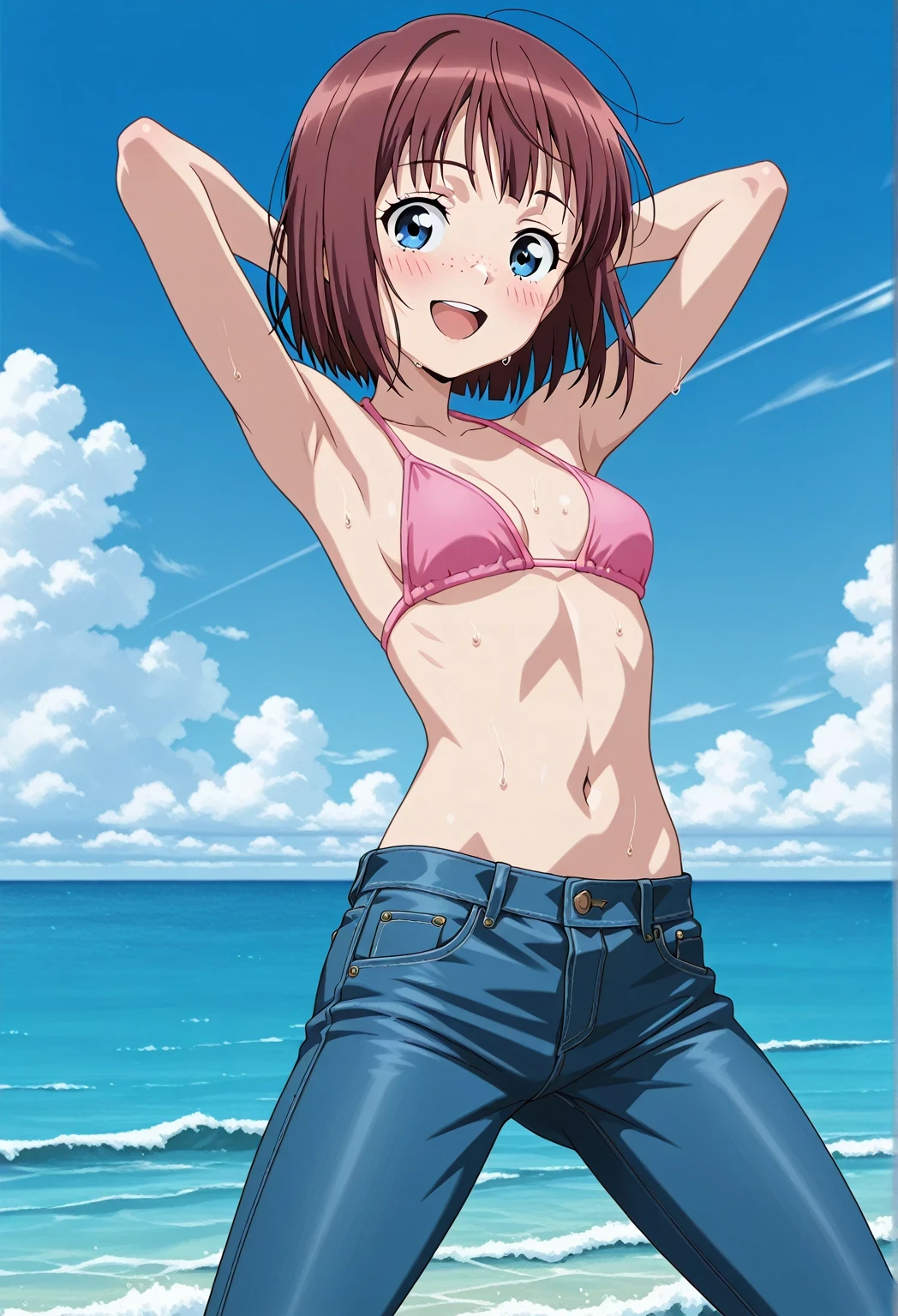 score_9, score_8_up, score_7_up, source_anime, highres, hi res, ((best quality, top quality, perfect quality, Highest Quality, amazing quality)), {{masterpiece}}, {{an extremely delicate and beautiful}}, 2d, intricate details, official style, anime, 8k, anime style, official_anime, official art, digital painting, cell shading, soft shading, high resolution, soothing tones, Subdued Color, Soft cinematic light, adobe lightroom, photolab, HDR, intricately and hyper-detailed, ((high quality animation)), 1 girl, Alone, solo, ((ocean)), tsunami, on the water, day, sunny, outdoors, sky, windy, Maxine_DE, freckles, brown hair, blue eyes, short hair, bob cut, anime screencap, small breasts, pink bikini top, best quality, hyper-detailed jeans, ((blue jeans:1.9)), (dark blue jeans:0.6), full medium body, medium shot, Open mouth, smiling, happy face, blush, sweat, standing, ((arms behind head:6.0)), bowlegged, jumping pose, action, looking at viewer, spread legs, Bend knees slightly, straight-on front view