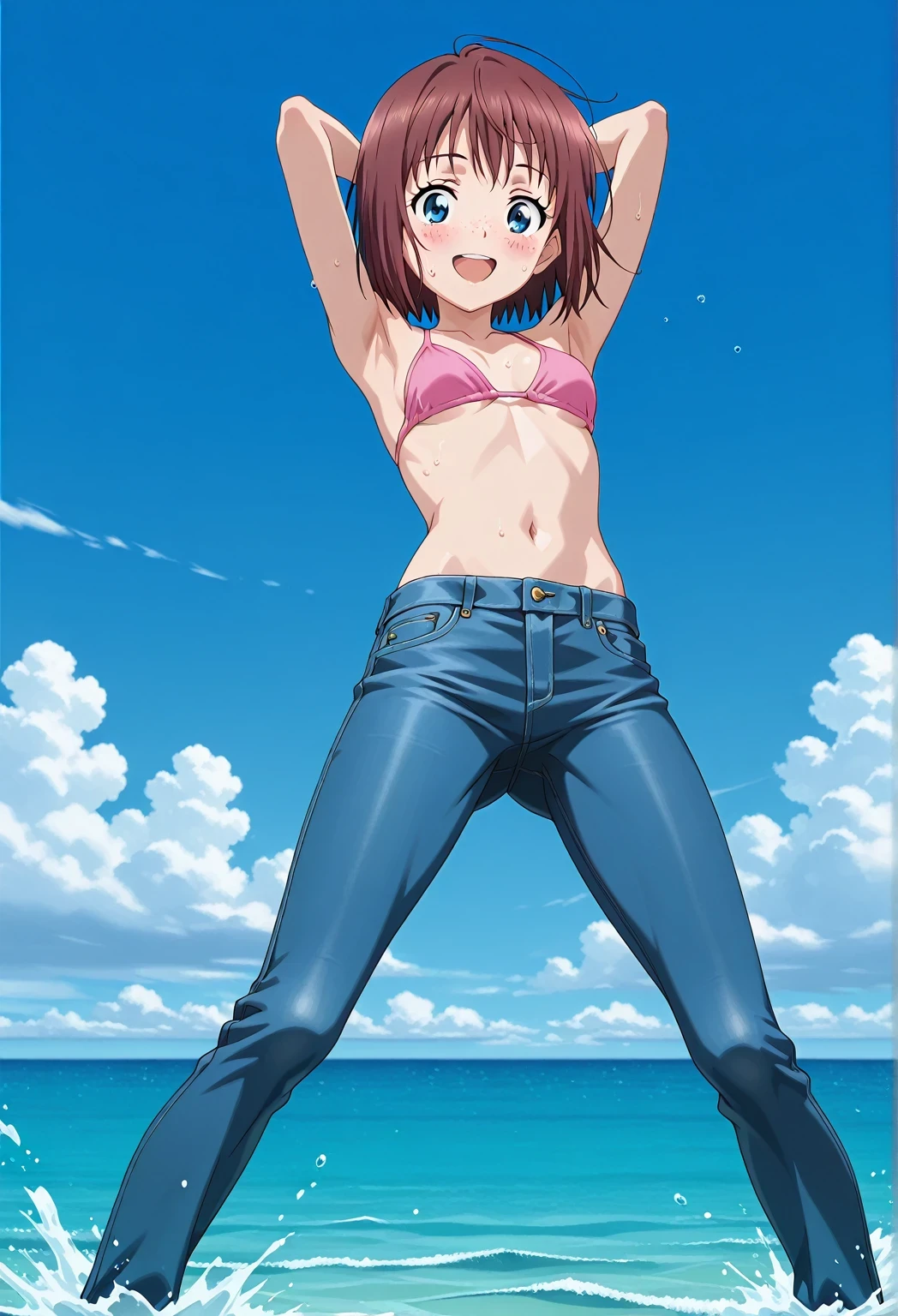score_9, score_8_up, score_7_up, source_anime, highres, hi res, ((best quality, top quality, perfect quality, Highest Quality, amazing quality)), {{masterpiece}}, {{an extremely delicate and beautiful}}, 2d, intricate details, official style, anime, 8k, anime style, official_anime, official art, digital painting, cell shading, soft shading, high resolution, soothing tones, Subdued Color, Soft cinematic light, adobe lightroom, photolab, HDR, intricately and hyper-detailed, ((high quality animation)), 1 girl, Alone, solo, ((ocean)), tsunami, on the water, day, sunny, outdoors, sky, windy, Maxine_DE, freckles, brown hair, blue eyes, short hair, bob cut, anime screencap, small breasts, pink bikini top, best quality, hyper-detailed jeans, ((blue jeans:1.9)), (dark blue jeans:0.6), full medium body, medium shot, Open mouth, smiling, happy face, blush, sweat, standing, ((arms behind head:6.0)), bowlegged, jumping pose, action, looking at viewer, spread legs, Bend knees slightly, straight-on front view