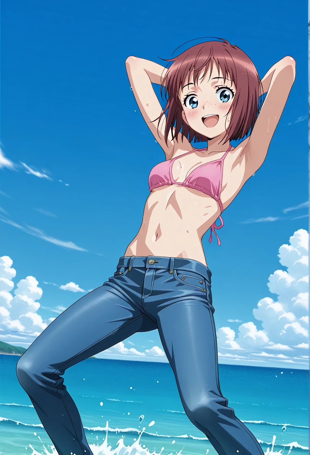 score_9, score_8_up, score_7_up, source_anime, highres, hi res, ((best quality, top quality, perfect quality, Highest Quality, amazing quality)), {{masterpiece}}, {{an extremely delicate and beautiful}}, 2d, intricate details, official style, anime, 8k, anime style, official_anime, official art, digital painting, cell shading, soft shading, high resolution, soothing tones, Subdued Color, Soft cinematic light, adobe lightroom, photolab, HDR, intricately and hyper-detailed, ((high quality animation)), 1 girl, Alone, solo, ((ocean)), tsunami, on the water, day, sunny, outdoors, sky, windy, Maxine_DE, freckles, brown hair, blue eyes, short hair, bob cut, anime screencap, small breasts, pink bikini top, best quality, hyper-detailed jeans, ((blue jeans:1.9)), (dark blue jeans:0.6), full medium body, medium shot, Open mouth, smiling, happy face, blush, sweat, standing, ((arms behind head:6.0)), bowlegged, jumping pose, action, looking at viewer, spread legs, Bend knees slightly, straight-on front view