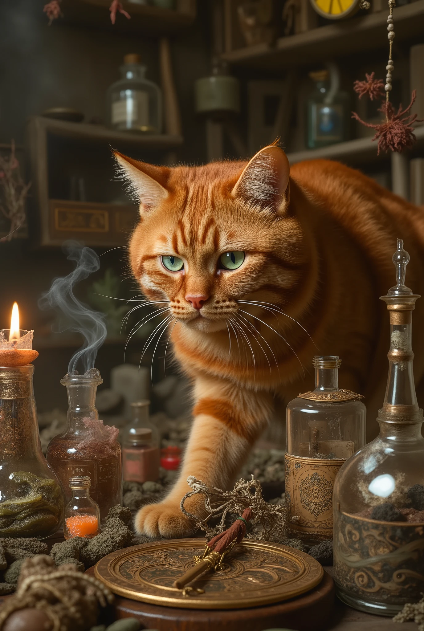 In an alchemist's cluttered room full of dried herbs, vials of colorful liquids, and suspended dried insects, a red-haired mystical wizard cat with a very serious expression carefully walks around an antique copper astrolabe. He froze next to a flask, from which a light, almost invisible smoke rises. It seems that he is not just walking through chaos, but checking the progress of an invisible ritual. Realism, detailed interior, natural side lighting from candles, shallow depth of field, emphasizing textures: glass, copper, wood, cat hair