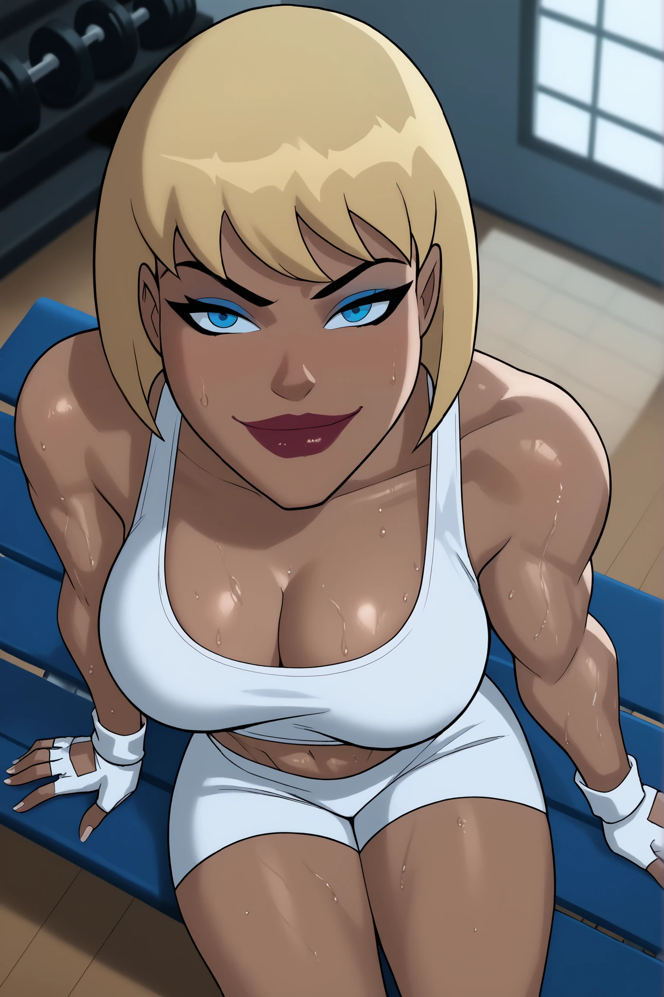 BREAK, score_6_up, score_7_up, score_8_up, score_9, g4l4t3a, 1girl, solo, short hair, bangs, blue eyes, blonde hair, lipstick, makeup, dark skin, dark-skinned female, large breasts, busty, cleavage, curvy, athletic, muscular female, looking at viewer, seducing viewer, teasing viewer, seductive expression, smiling, closed mouth, bedroom eyes, white sports bra, white gym shorts, white fingerless gloves, indoors, gym, sitting on bench, closeup, portrait, upper body, high-angle view, blue eyeshadow, sweaty, sweat drops