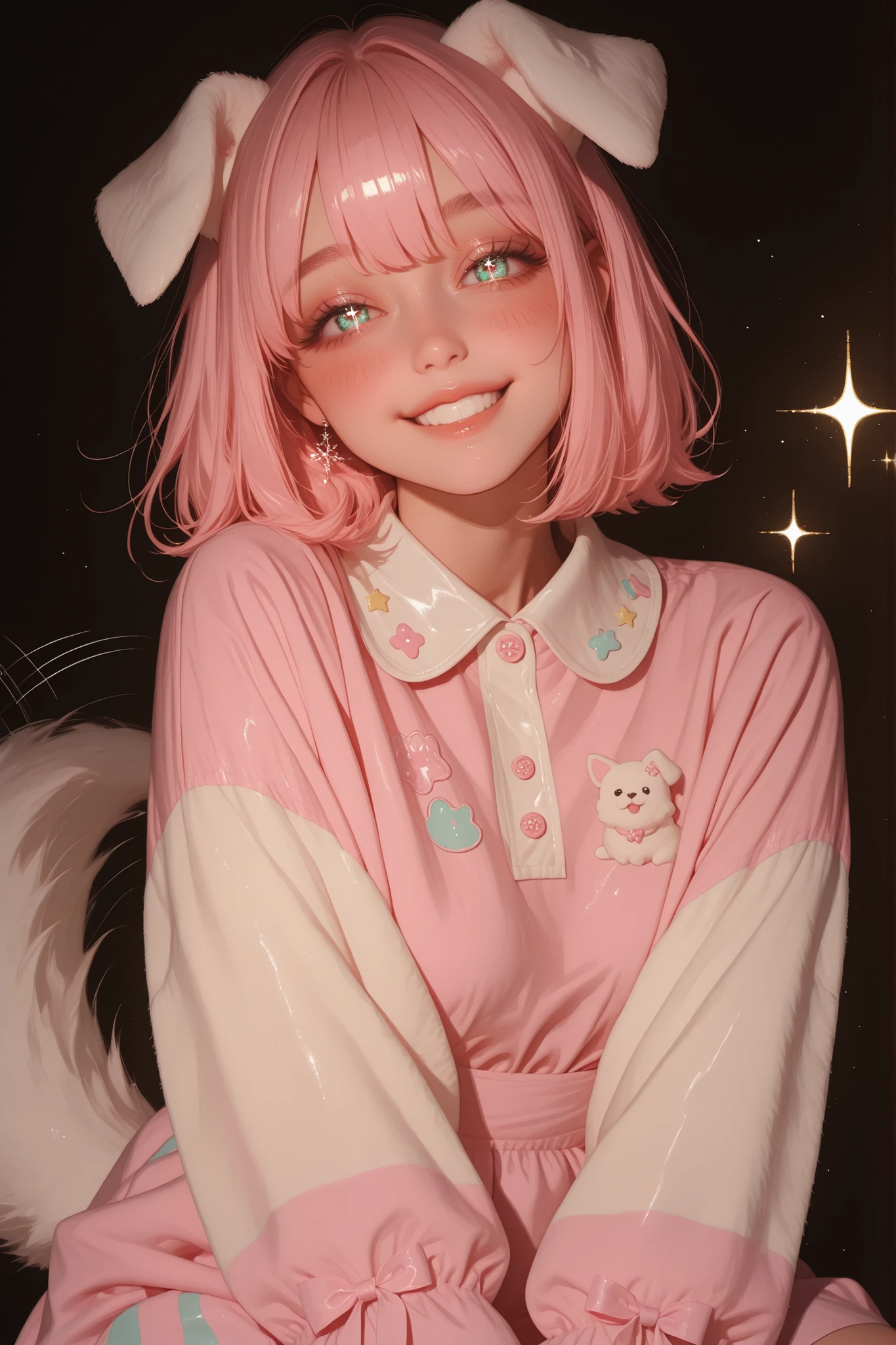 A cute and adorable anime-style girl with soft fluffy dog ears and a wagging tail, bright sparkling eyes, gentle smile, wearing cozy pastel clothing, soft lighting, highly detailed, whimsical and heartwarming atmosphere, kawaii aesthetic,