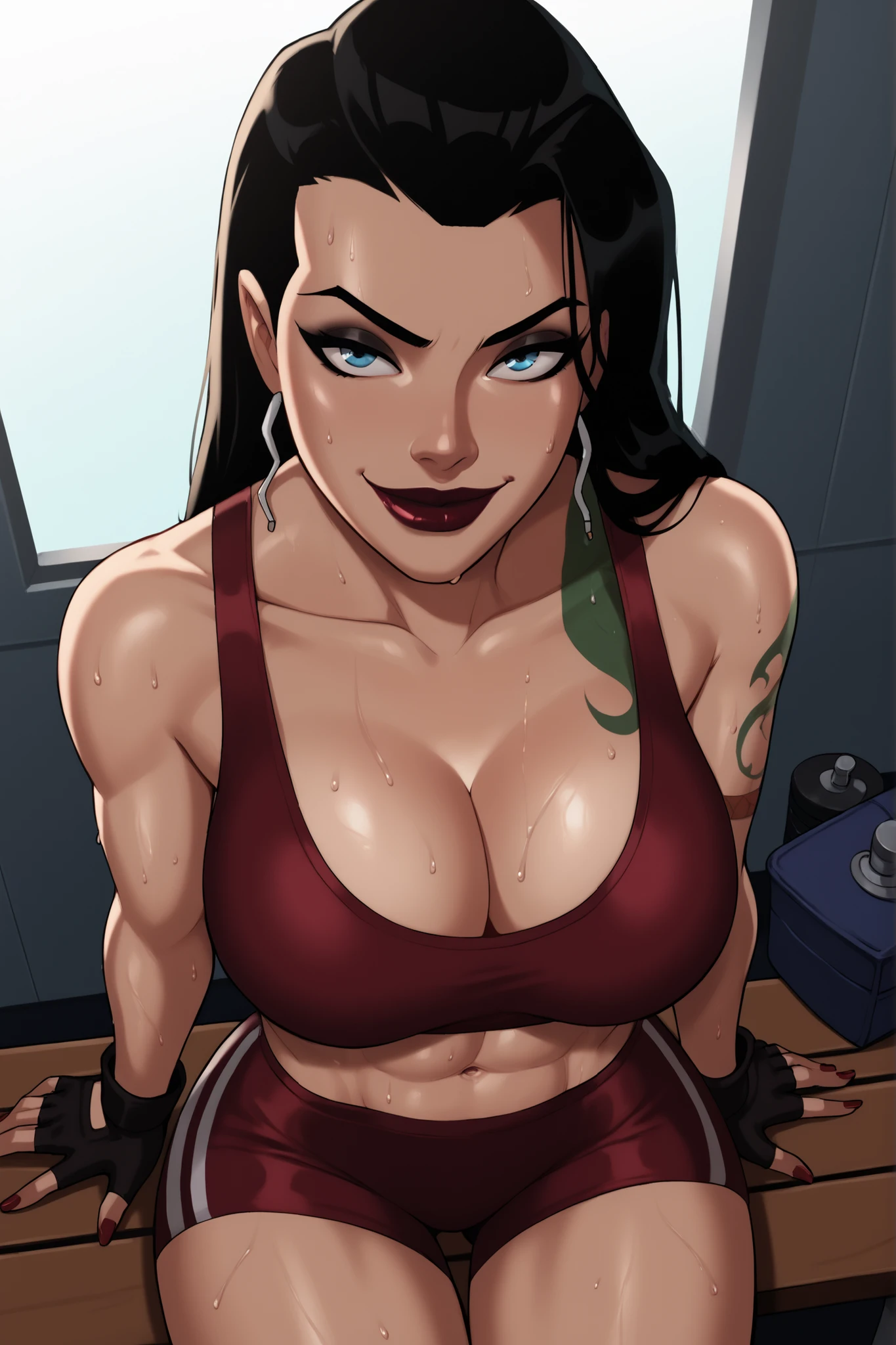 BREAK, score_9, score_8_up, score_7_up, score_6_up, Roulette, 1girl, solo, black hair, blue eyes, long hair, lipstick, makeup, , cleavage, curvy, athletic, shoulder tattoo, thigh tattoo, looking at viewer, seducing viewer, teasing viewer, smile, closed mouth,  expression, bedroom eyes, busty, dark red sports bra, dark red gym shorts, dark red fingerless gloves, indoors, gym, sitting on bench, portrait, closeup, upper body, high-angle view, black eyeshadow, sweaty, sweat drops 