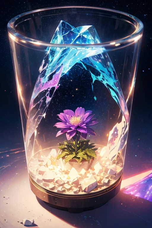 A girl, Solitary, Stand on the water, Reflective surface, , Cat ear, (poster:0.76), (Palm leaves),  White flowers, (Neon indigo glow:1.2), night, Dark theme, Starry Sky,  (Bioluminescence), dream