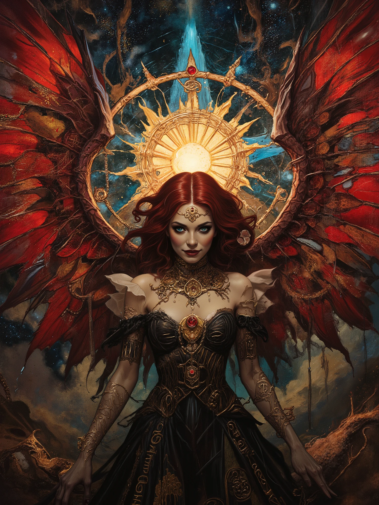 Dreamlike world deep shadows cinematic darkness
underexposed chiaroscuro atmospheric haze
low-key lighting. We find a captivating , pale skinned ravishingly beautiful goddess looking provocative and vibrant with alive, with a curvy physique, adorned in a black corset dress embroidered with sacred equations and esoteric symbols woven in shimmering gold thread, her diaphanous gown draping elegantly across her shoulders, standing tall amidst a breathtaking, star-studded celestial expanse, with majestic feathery red leather wings unfolding from her with shimmering scales. Her seraphic visage is crowned with wild, curly dark crimson hair, and a smoldering blue eyed gaze greets the viewer, in an eldritch manner she weaves an incantation and grins roguishly at the viewer in challenge. A large gold and ruby necklace shines like a beacon and radiates an otherworldly aura. Behind her, a titanic, cosmic maelstrom churns, as the universe itself bends to her will, with glimmering phantasmagoria and eerie cosmic forms surround her and behind. She unleashed the powers of nature and balance in a blast of
magical energy
rocks planet Earth in a photorealistic style blending the dark, mystical elements of Gerald Brom's Gothic fantasy art, the vibrant, fantastical depth of Noah Bradley's dreamscapes, and the visionary, ethereal aesthetic of Andrew Gonzalez's cosmic landscapes, with meticulous attention to intricate details, anatomically correct, believable texture, and atmosphere.