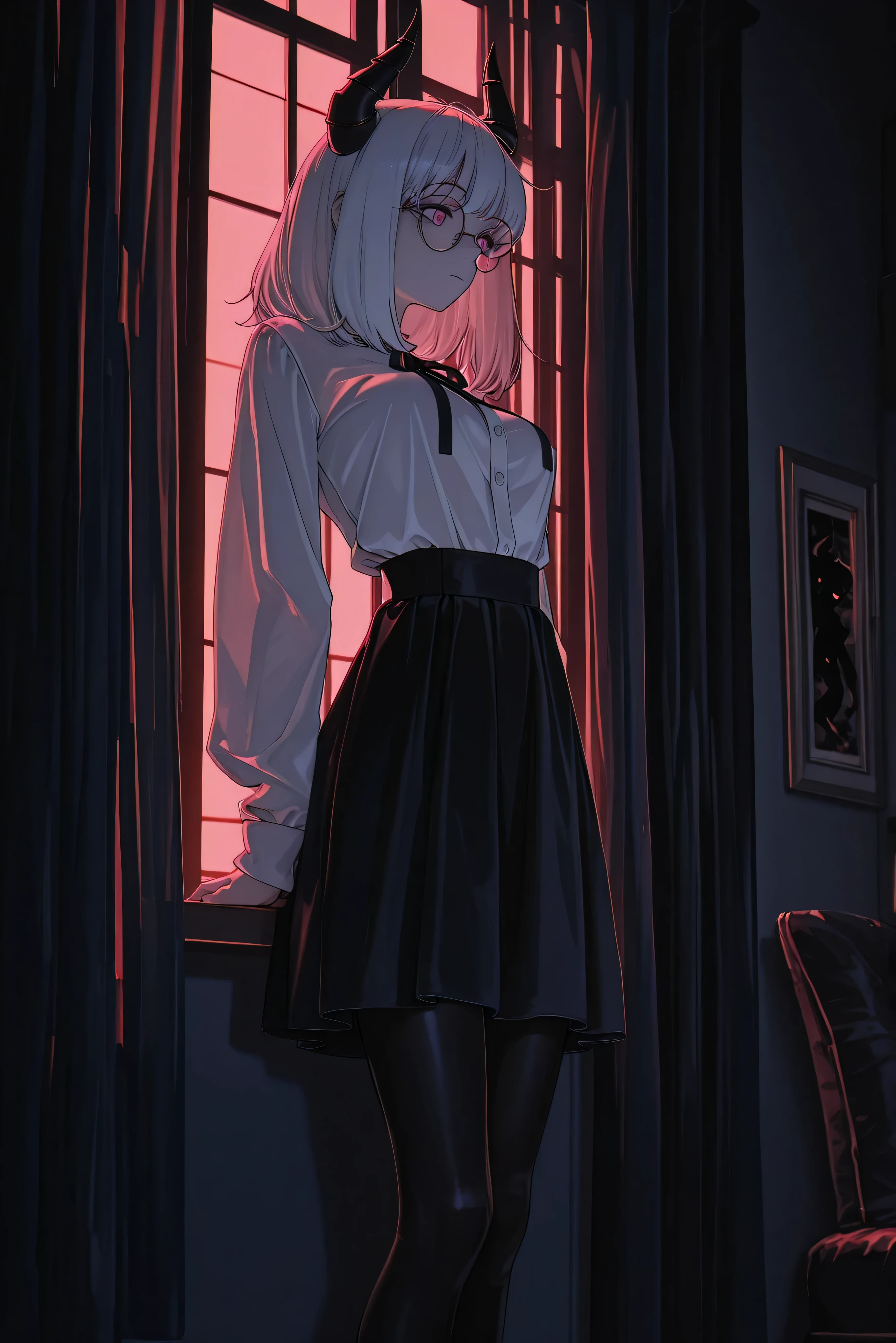((masterpiece)), ((ultra-detailed)), ((best quality)), demon, black horns, white hair, bangs, medium hair, pink eyes, medium breasts, round glasses, white shirt, long sleeves, long black skirt, black pantyhose, black ribbons, (slim body), window, curtain on, dark room, lensflare, standing