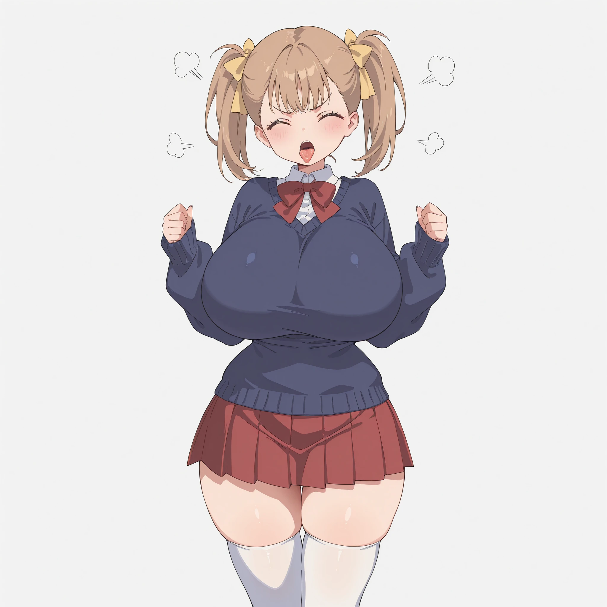 masterpiece, ultra-HD, impressionism, high detail, best quality, very aesthetic, 8K, best quality, beautiful, ultra-high resolution, 32K UHD, 1girl, solo, Rumi, light brown hair, twin pigtails, middle bangs, hair ribbons, yellow ribbons, closed eyes, eyelashes, , narrow waist, wide , thick thighs, shapely legs, slim, navy blue sweater, white blouse, shirt collar, red bowtie, red pleated skirt, white thigh high socks, blushed, angry, sticking out tongue, frown, cute, standing, looking at viewer, simple background, front view