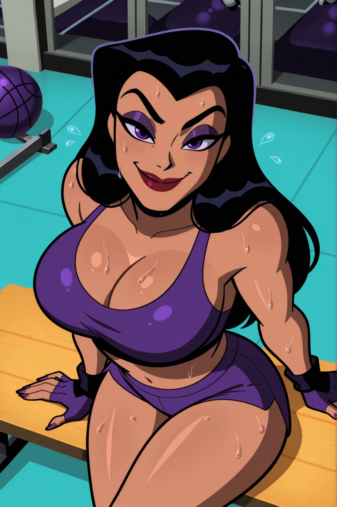 BREAK, score_8_up, score_7_up, score_6_up, score_9, h00nt33s 1girl, solo, long hair, , smile, black hair, purple eyes, makeup, lipstick, cleavage, curvy, athletic, looking at viewer, seducing viewer, teasing viewer, indoors, gym, sitting on bench, expression, bedroom eyes, busty, purple sports bra, purple gym shorts, purple fingerless gloves, portrait, upper body, closeup, high-angle view, dark purple eyeshadow, sweaty, sweat drops