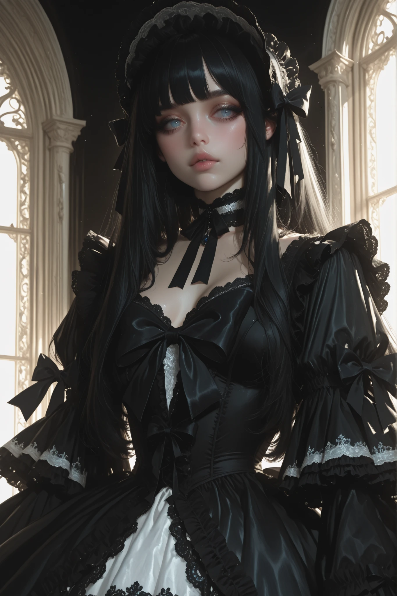 An adorable gothic lolita girl, black hair, blue eyes, dressed in an elaborate Victorian-inspired black and white frilly dress with lace trim, layered ruffled skirt, oversized satin bow, delicate lace choker, and matching headdress with ribbons, intricate detailing, soft dramatic lighting, highly detailed textures, elegant gothic aesthetic