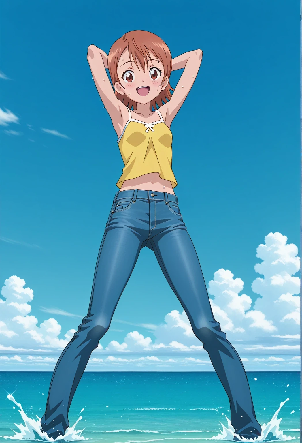 score_9, score_8_up, score_7_up, source_anime, highres, hi res, ((best quality, top quality, perfect quality, Highest Quality, amazing quality)), {{masterpiece}}, {{an extremely delicate and beautiful}}, 2d, intricate details, official style, anime, 8k, anime style, official_anime, official art, digital painting, cell shading, soft shading, high resolution, soothing tones, Subdued Color, Soft cinematic light, adobe lightroom, photolab, HDR, intricately and hyper-detailed, ((high quality animation)), 1 girl, Alone, solo, ((ocean)), tsunami, on the water, day, sunny, outdoors, sky, windy, sora takenouchi, digimon short hair, brown eyes, brown hair, anime screencap, small breasts, yellow camisole top, crop top, yellow crop top, best quality, hyper-detailed jeans, ((blue jeans:1.9)), (dark blue jeans:0.6), full medium body, medium shot, Open mouth, smiling, happy face, blush, sweat, standing, ((arms behind head:6.0)), bowlegged, jumping pose, action, looking at viewer, spread legs, Bend knees slightly, straight-on front view
