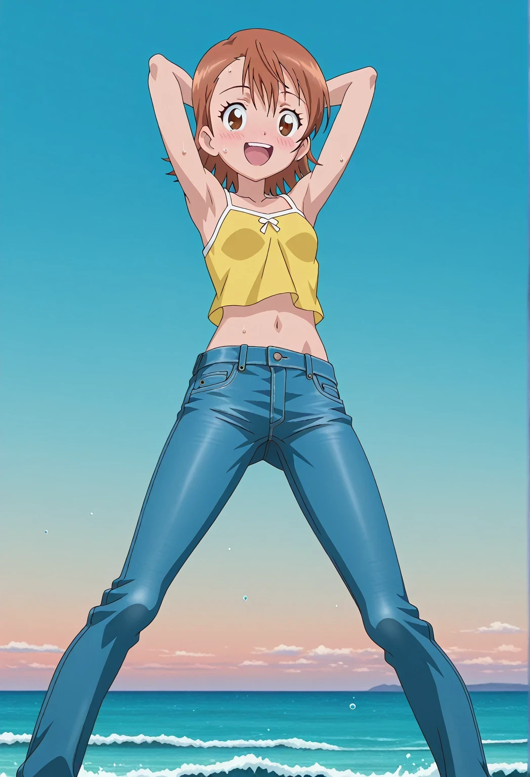 score_9, score_8_up, score_7_up, source_anime, highres, hi res, ((best quality, top quality, perfect quality, Highest Quality, amazing quality)), {{masterpiece}}, {{an extremely delicate and beautiful}}, 2d, intricate details, official style, anime, 8k, anime style, official_anime, official art, digital painting, cell shading, soft shading, high resolution, soothing tones, Subdued Color, Soft cinematic light, adobe lightroom, photolab, HDR, intricately and hyper-detailed, ((high quality animation)), 1 girl, Alone, solo, ((ocean)), tsunami, on the water, day, sunny, outdoors, sky, windy, sora takenouchi, digimon short hair, brown eyes, brown hair, anime screencap, small breasts, yellow camisole top, crop top, yellow crop top, best quality, hyper-detailed jeans, ((blue jeans:1.9)), (dark blue jeans:0.6), full medium body, medium shot, Open mouth, smiling, happy face, blush, sweat, standing, ((arms behind head:6.0)), bowlegged, jumping pose, action, looking at viewer, spread legs, Bend knees slightly, straight-on front view