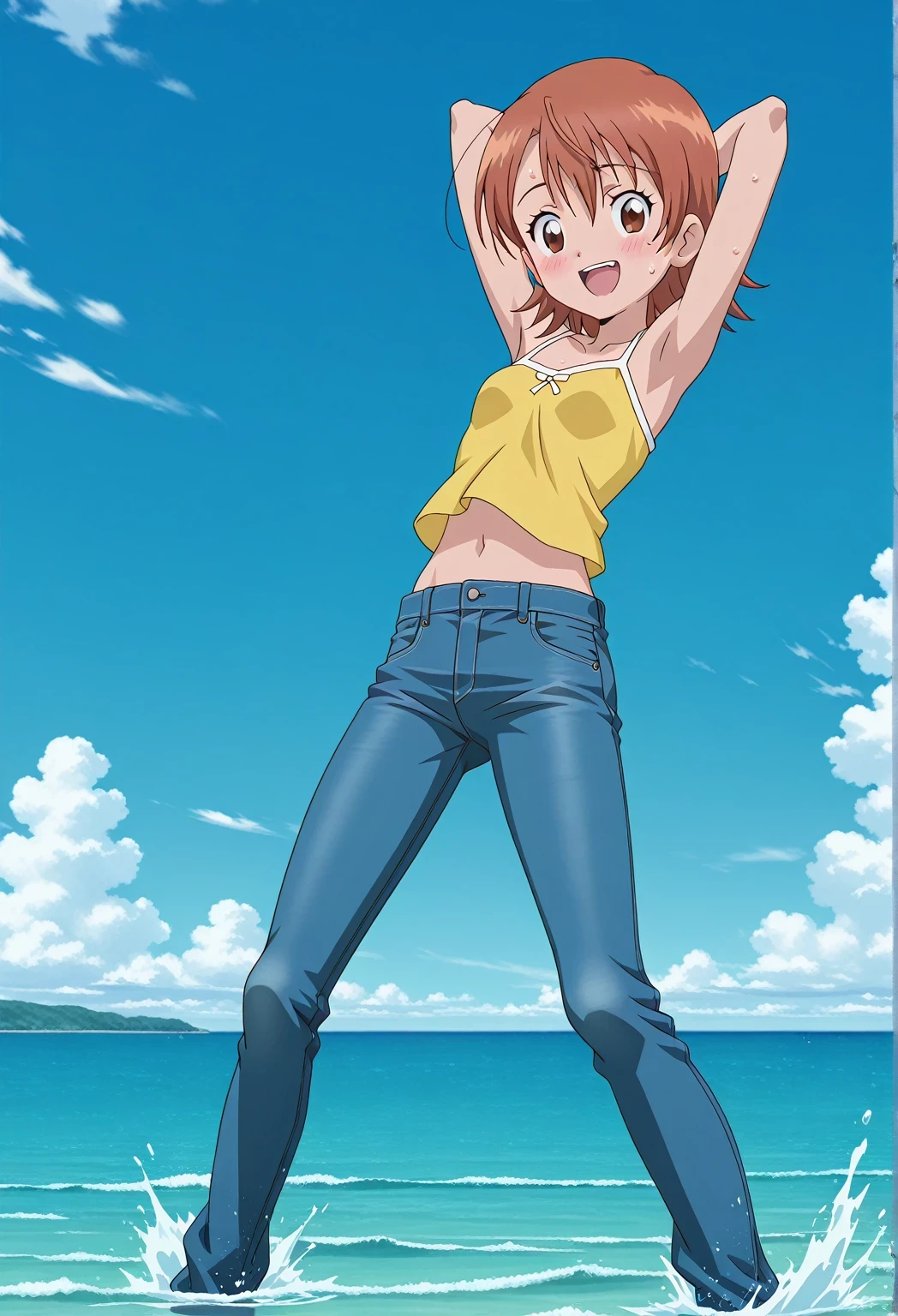 score_9, score_8_up, score_7_up, source_anime, highres, hi res, ((best quality, top quality, perfect quality, Highest Quality, amazing quality)), {{masterpiece}}, {{an extremely delicate and beautiful}}, 2d, intricate details, official style, anime, 8k, anime style, official_anime, official art, digital painting, cell shading, soft shading, high resolution, soothing tones, Subdued Color, Soft cinematic light, adobe lightroom, photolab, HDR, intricately and hyper-detailed, ((high quality animation)), 1 girl, Alone, solo, ((ocean)), tsunami, on the water, day, sunny, outdoors, sky, windy, sora takenouchi, digimon short hair, brown eyes, brown hair, anime screencap, small breasts, yellow camisole top, crop top, yellow crop top, best quality, hyper-detailed jeans, ((blue jeans:1.9)), (dark blue jeans:0.6), full medium body, medium shot, Open mouth, smiling, happy face, blush, sweat, standing, ((arms behind head:6.0)), bowlegged, jumping pose, action, looking at viewer, spread legs, Bend knees slightly, straight-on front view