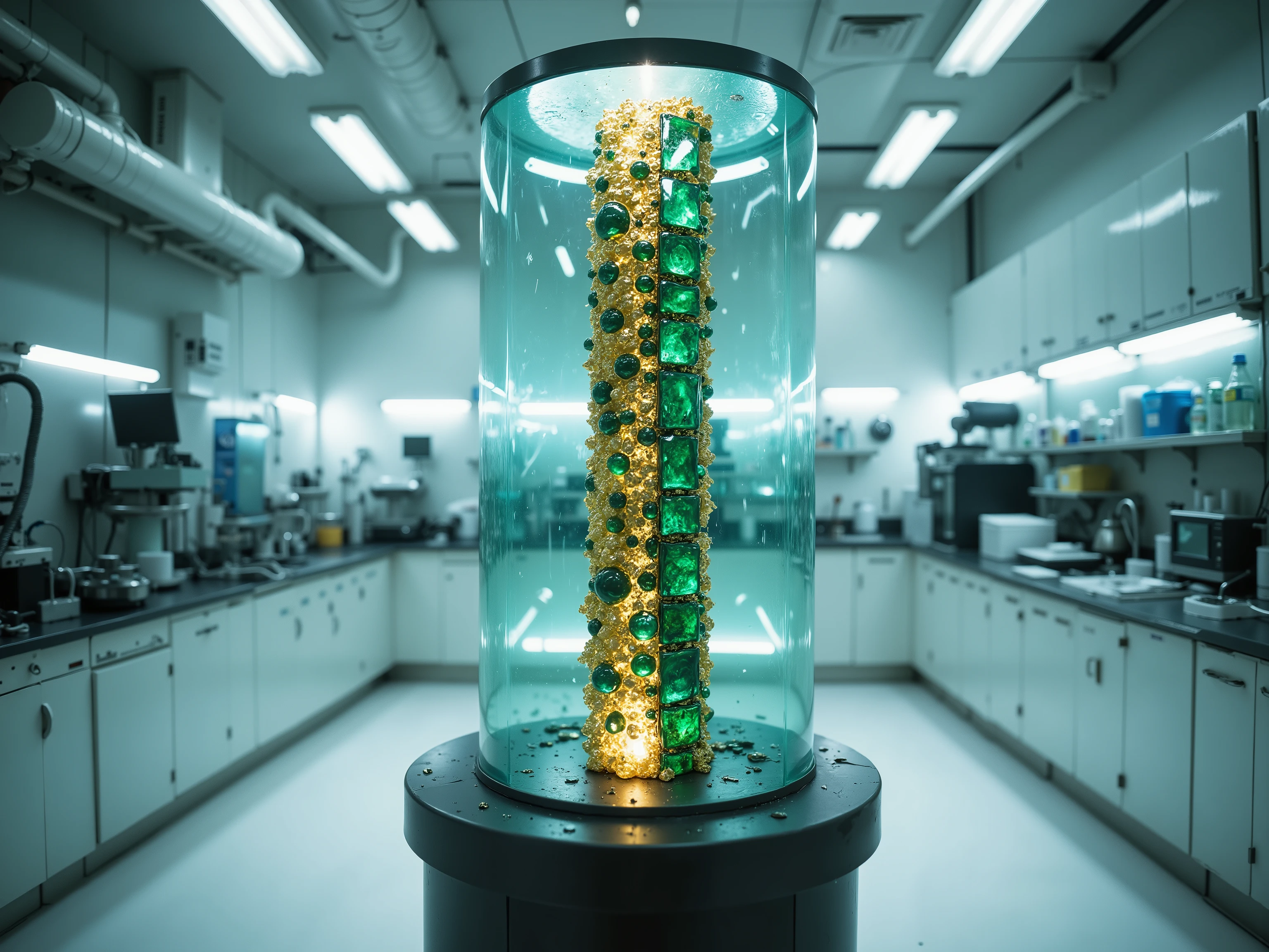 A futuristic laboratory, white gleaming countertops, a pedestal holds a rod of gold encrusted in glowing green emeralds, enclosed in glass