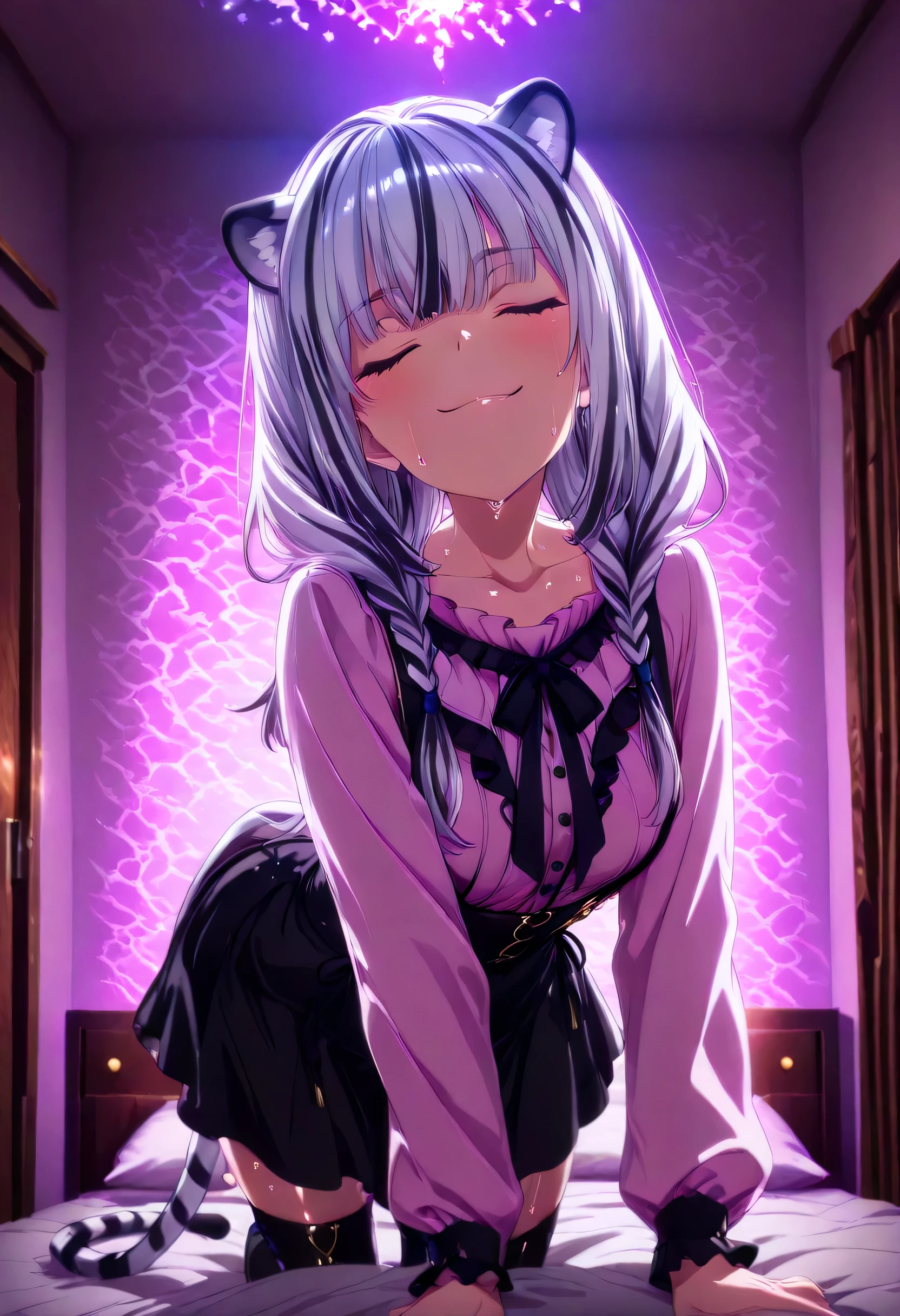 score_9 , score_8_up , score_7_source_anime detailed eyes,anime eyes,high detail eyes,multicolored iris,detailed iris,anime style, 4k masterpiece, best quality, girl, beautiful face, clean skin, shiny hair, shiny skin, beautiful face, perfect eyes, 4k high quality eyes, high quality brightness, best quality, 4k very aesthetic, absurd, perfect body quality, beautiful curves, perfect, perfect genitals, beautiful ambient light, beautiful aesthetics, very realistic scenery, 4k high quality, masterpiece, best quality, absurd, latest, high resolution, official art, best quality, absurd, latest, high resolution, official art, screenshot, anime screenshot, anime coloring, amazing quality 4k, 1girl, atla, closed eyes, long hair, bangs, animal ears, white tiger ear, white hair, multicolored hair, double braids, black and white tiger tail, large breasts, jirai kei, black neck ribbon, frilled shirt collar, white shirt collar, pink shirt, long sleeves, frilled sleeves, black skirt, high-waist skirt, suspender skirt, black thighhighs, frills, shiny skin 4k, wet body 4k, shiny oily skin 4k, sweat 4k, shiny hair 4k, in a luxury hotel at night 4k, dark room, beautiful aesthetics with purple light, very detailed room 4k, body with a lot of sweat and all over the body 4k, at night, dark room, beautiful aesthetics with purple light 4k, very detailed room, very beautiful aesthetic lighting 4k, lighting with a lot of realism on the body, beautiful scenery with a lot of details, lighting with a lot of realism on the body, in a luxury hotel, mischievous smile,