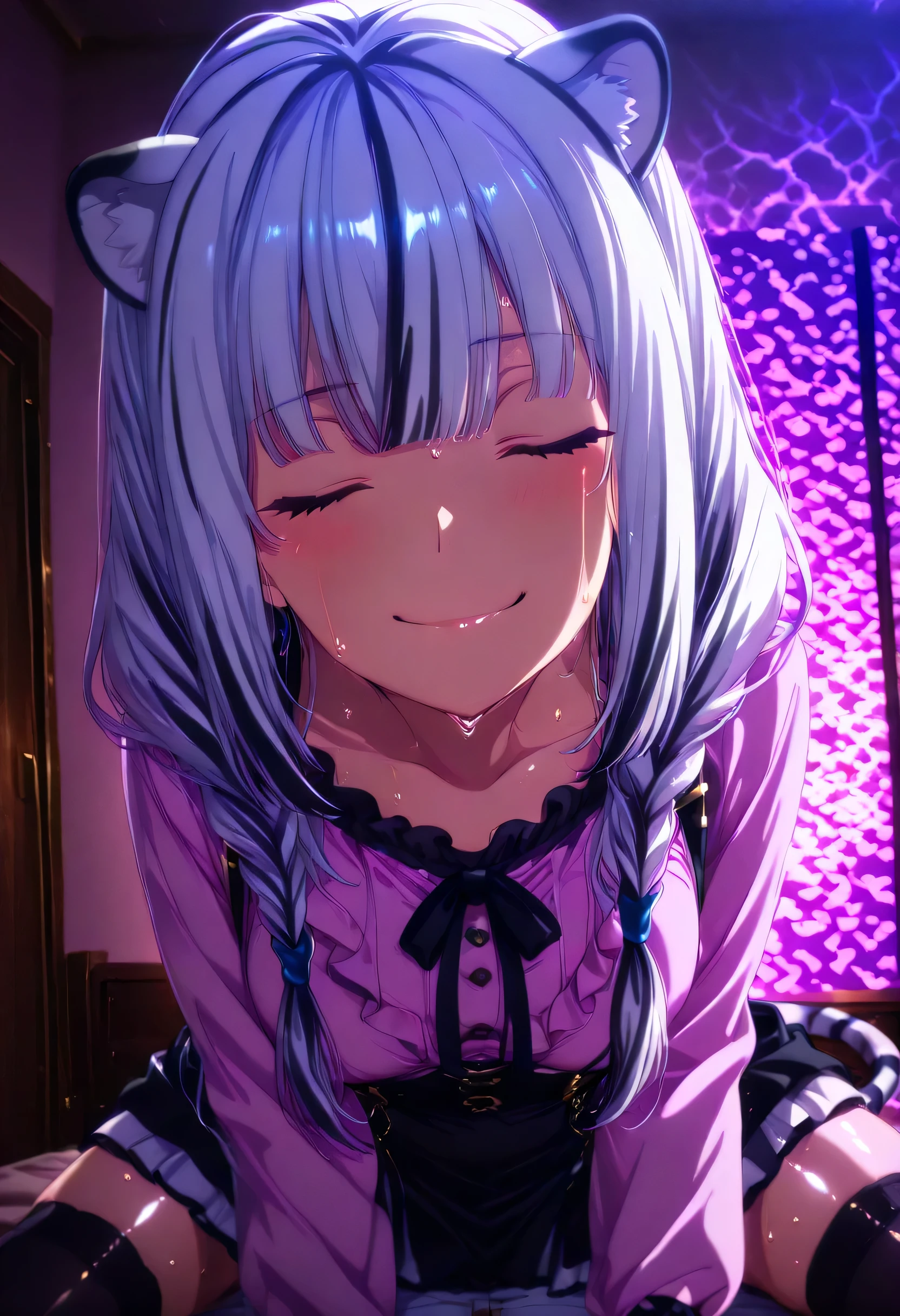 score_9 , score_8_up , score_7_source_anime detailed eyes,anime eyes,high detail eyes,multicolored iris,detailed iris,anime style, 4k masterpiece, best quality, girl, beautiful face, clean skin, shiny hair, shiny skin, beautiful face, perfect eyes, 4k high quality eyes, high quality brightness, best quality, 4k very aesthetic, absurd, perfect body quality, beautiful curves, perfect, perfect genitals, beautiful ambient light, beautiful aesthetics, very realistic scenery, 4k high quality, masterpiece, best quality, absurd, latest, high resolution, official art, best quality, absurd, latest, high resolution, official art, screenshot, anime screenshot, anime coloring, amazing quality 4k, 1girl, atla, closed eyes, long hair, bangs, animal ears, white tiger ear, white hair, multicolored hair, double braids, black and white tiger tail, large breasts, jirai kei, black neck ribbon, frilled shirt collar, white shirt collar, pink shirt, long sleeves, frilled sleeves, black skirt, high-waist skirt, suspender skirt, black thighhighs, frills, shiny skin 4k, wet body 4k, shiny oily skin 4k, sweat 4k, shiny hair 4k, in a luxury hotel at night 4k, dark room, beautiful aesthetics with purple light, very detailed room 4k, body with a lot of sweat and all over the body 4k, at night, dark room, beautiful aesthetics with purple light 4k, very detailed room, very beautiful aesthetic lighting 4k, lighting with a lot of realism on the body, beautiful scenery with a lot of details, lighting with a lot of realism on the body, in a luxury hotel, mischievous smile,