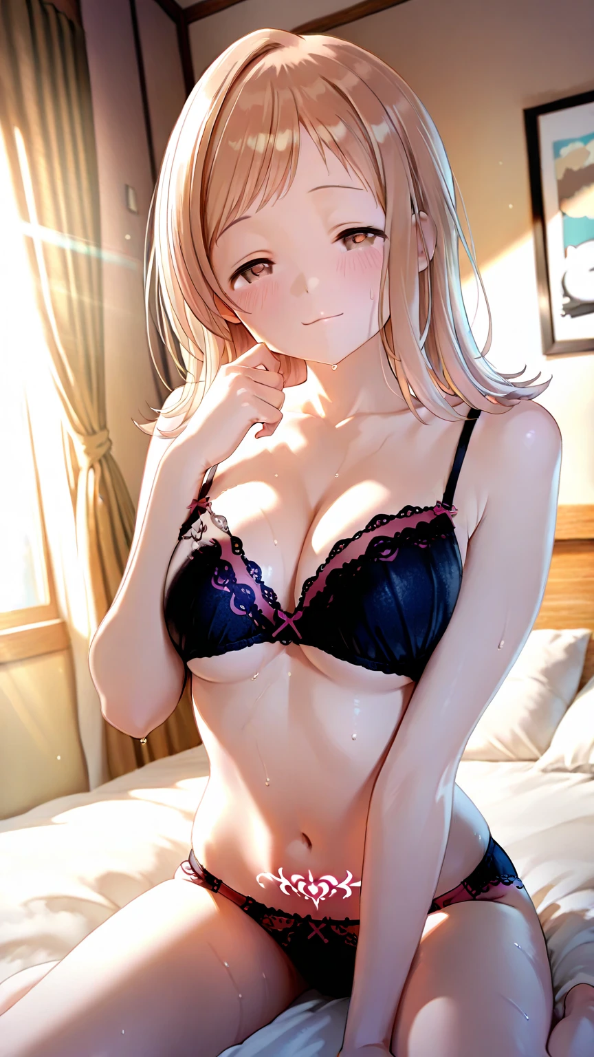 最好质量、One girl、a blond、Longhaire、wave、Red eyes、Small face、Pink blush color under the eyes:1.5、Put your hands on your face、a smile、Black ?????????、big ???:1.3、Constriction、thights:1.1、Black tights:1.2、gloomy lighting、On the bed、View here、Angle from diagonally above、Background blur