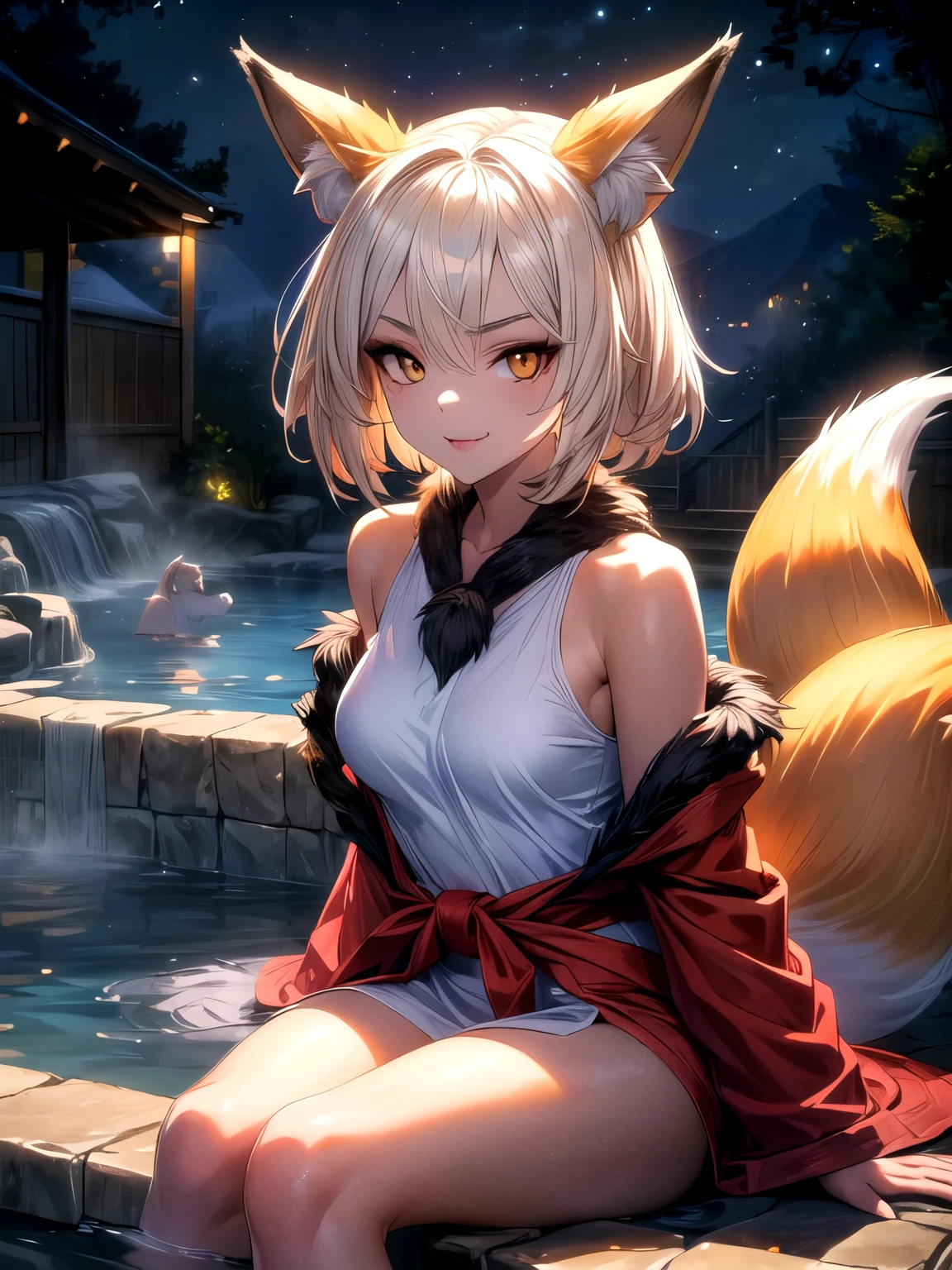 (Hot spring fox demon, humanoid fox, fox fur, nine tails, night, sitting in open-air bath: 1.5) (large white bath towel wrapped around body, girl, young, small breasts, yellow eyes, tanned fox hair, lolita, round face, seductive smile) (unreal engine, very beautiful and detailed eyes, fur skin, glossy skin, deep shadows, mood lighting, face in frame, waist out of frame, detailed hands) (UHD, retina, masterpiece, accurate, anatomically correct, textured skin, ultra detailed, high detail, high quality, award winning, top quality, high resolution, 16k)