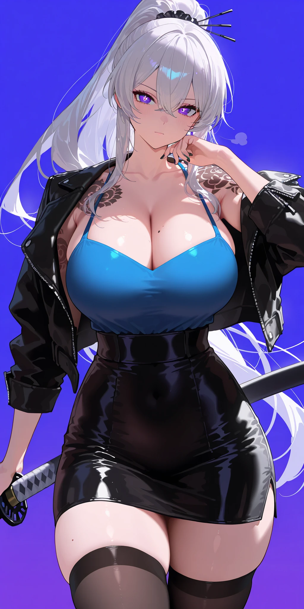 Masterpiece, mature woman, madam president (golden boy), tall body, slim, upper body, ultra detailed, highres, absurdres, free long hair, non chalant face, serious face, purple background, detailed face, no cape, pale face, black nails, tight clad mini pencil skirt, close up on upper body, high waistband, cleavage, sleeveless blue t-shirt, bare shoulders, showing face, body 3:4, vinyl skirt, shiny skirt, showing face, blue sunny sky background, brown spiky hair, solo, 1 girl, hair between eyes, bare shoulders, from head to thighs, simple background, detailed face, toned legs, big breasts, curvy body, looking at viewer, solo, 1 girl, high ponytail, silver straight hair, purple eyes, catlike pupils, vertical pupils, vinyl stockings, open bomber black leather jacket, kurokumo Ishmael, kurokumo ishmael tattoo, kurokumo tattoo on shoulders, kurokumo tattoo on shoulder and upperarms and collarbone, teal katana, kurokumo ishmael, tattoos of both sides, double tattoos, tattoo covering all shoulders 