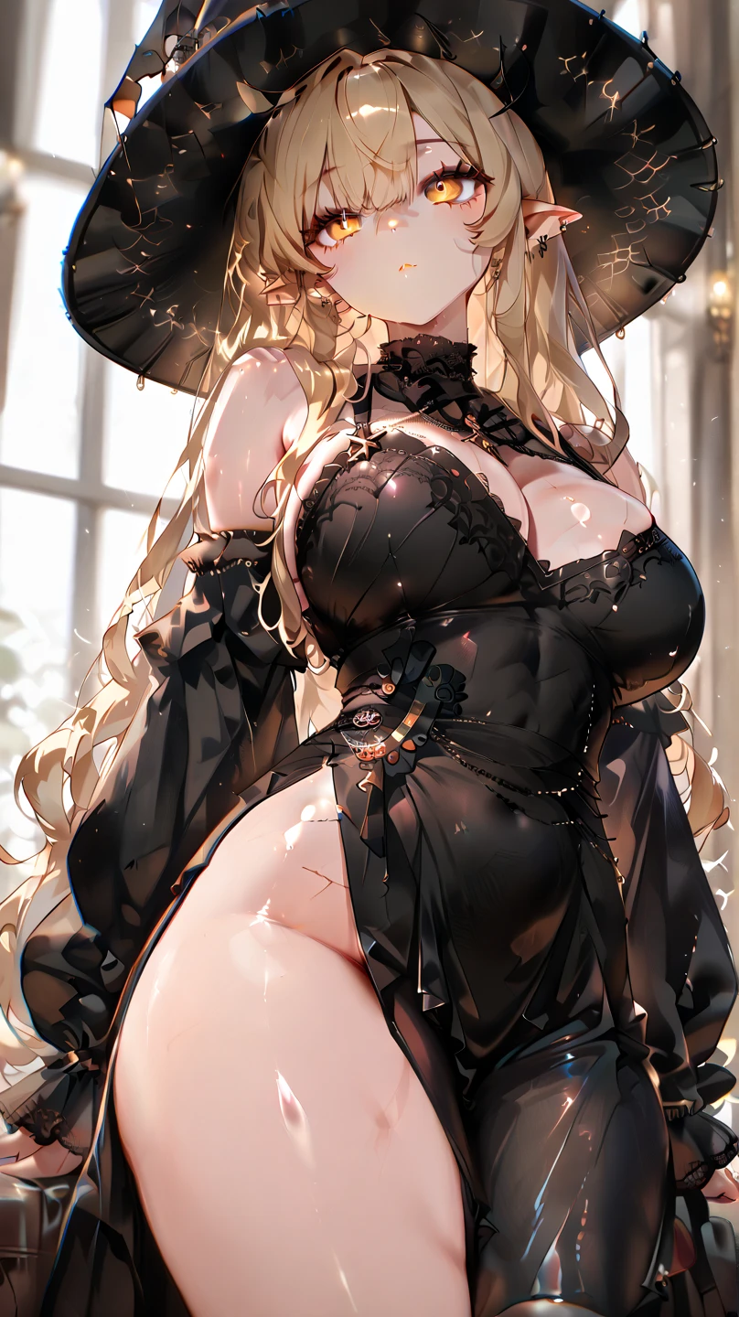 Create an art piece of a woman with a gothic aesthetic, set in a bedroom. She is wearing a black, intricate strappy outfit with a pentagram design on the  and lace detailing on the waist, similar to the one in the first image. Her outfit includes a choker with a heart-shaped charm, a gothic bracelet, and a black ring. The woman's face has a fair complexion, dark lipstick, and dark, slightly arched eyebrows. She wears glasses with a black frame and has an overall expression of quiet confidence. Her hair is light blonde with darker roots, tied back in a casual yet stylish way. Details: Art Style: extremely detailed CG unity 8k wallpaper, best illustration, best shadow, absurdres, realistic lighting, beautiful detailed glow Setting: bedroom Outfit: strappy black outfit with pentagram design and lace detailing, gothic accessories (choker, bracelet, ring) Physical features: fair skin, dark lipstick, dark eyebrows, black frame glasses, light blonde hair with dark roots tied back, gothic aesthetic, curvy body, cute adorable face,  gaze Pose: full body picture, , , busty, thicc , great shading, shadows, detailed . The pose should match the one in the first image, highlighting her figure, with random  poses taken from random photo angles,