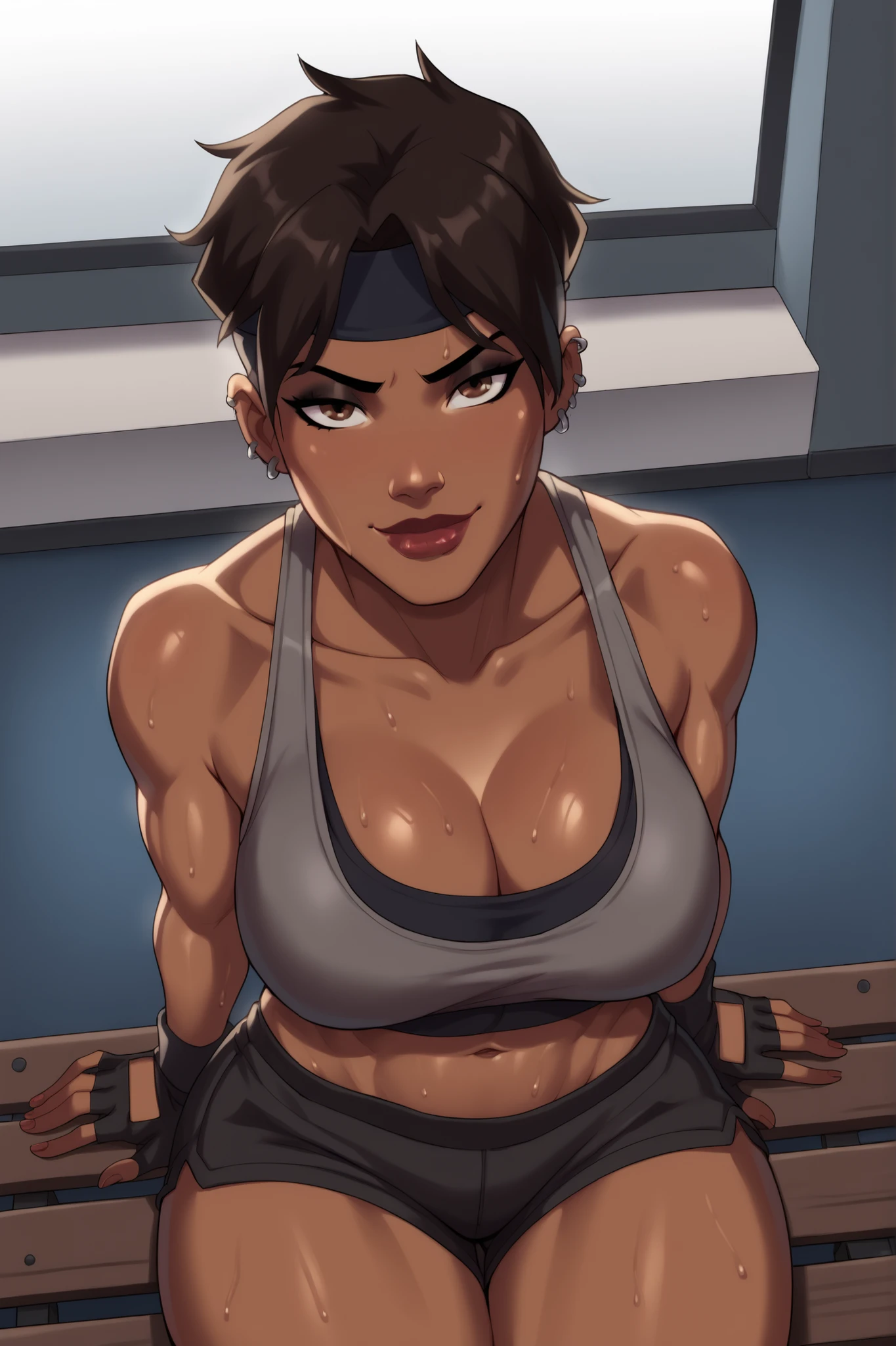 BREAK, score_6_up, score_9, score_8_up, score_7_up, high quality, masterpiece, Rocket, 1girl, solo, 2d, dark-skinned female, short hair, brown eyes, headband, piercing, earring, mask, lipstick, makeup, , cleavage, curvy, athletic, looking at viewer, seducing viewer, teasing viewer, smile, closed mouth, expression, bedroom eyes, busty, dark gray sports bra, dark gray gym shorts, dark gray fingerless gloves, shoulders, sitting on bench, gym, indoors, high-angle view, black eyeshadow, closeup, portrait, upper body, thick thighs, wide , sweaty, sweat drops