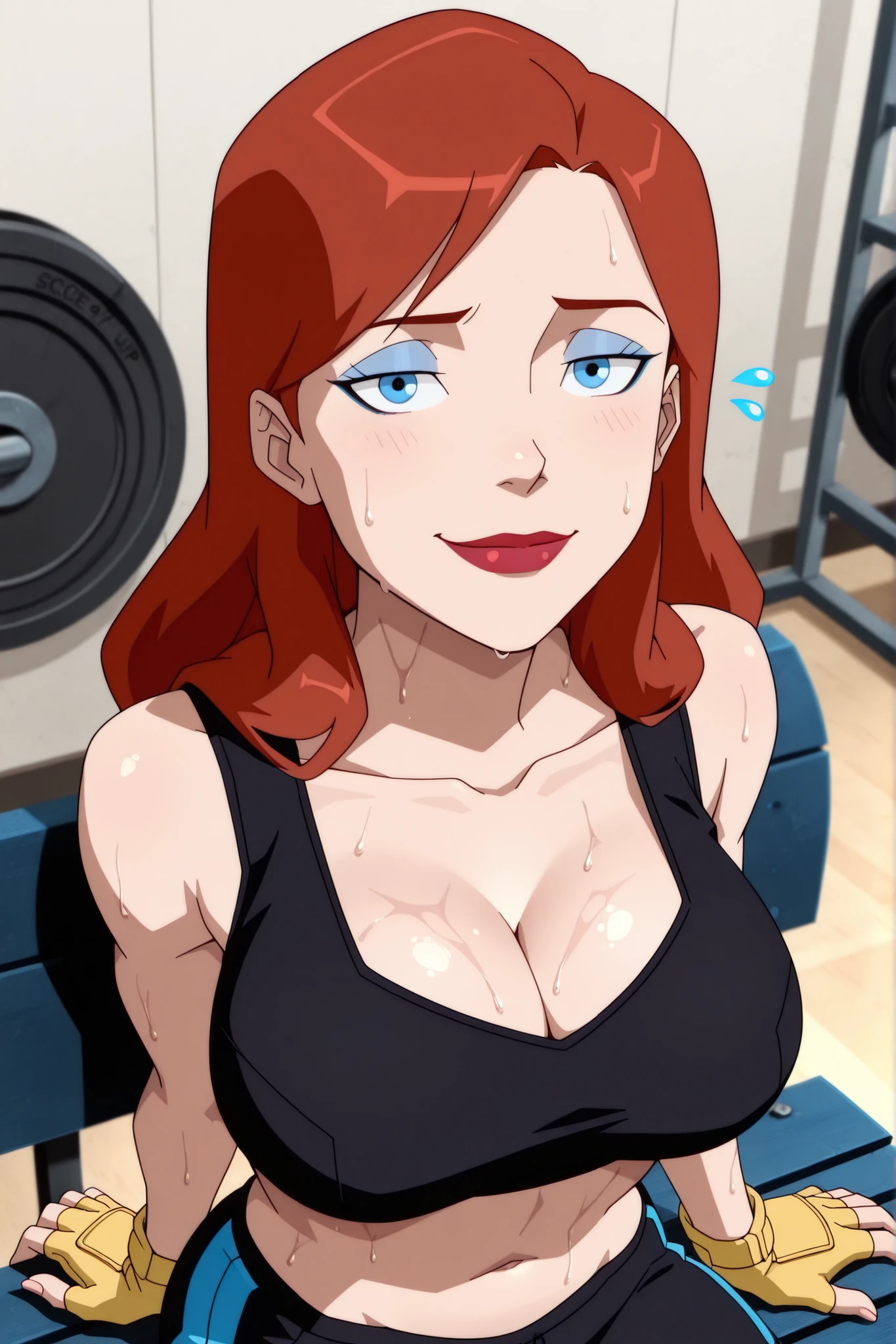 BREAK, score_6_up, score_7_up, score_8_up, score_9, 1girl, solo, b4rb4r4-b4t, blue eyes, long hair, red hair, brown hair, lipstick, makeup, large breasts, busty, cleavage, curvy, athletic, looking at viewer, seducing viewer, teasing viewer, seductive expression, smiling, closed mouth, bedroom eyes, black sports bra, black gym shorts, yellow fingerless gloves, indoors, gym, sitting on bench, closeup, portrait, upper body, high-angle view, blue eyeshadow, sweaty, sweat drops