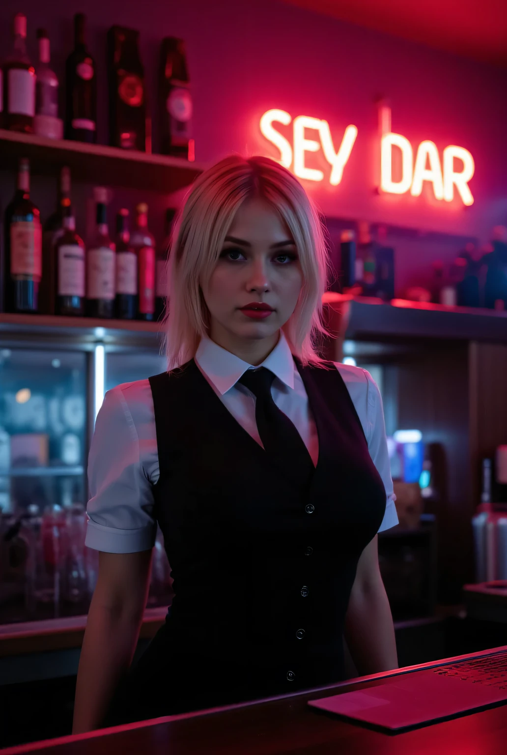 She is standing behind the bar counter.
Stiff bartender uniform, wear a vest over a shirt, tie.
Super beautiful girl, long upturned eyeliners, light red lips.
Platinum blonde hair.
Dimly lit high-end bar late at night, bottles lined up on wall.
The word "sexy bar" is written in neon tube on the wall.
Best quality, masterpiece.
