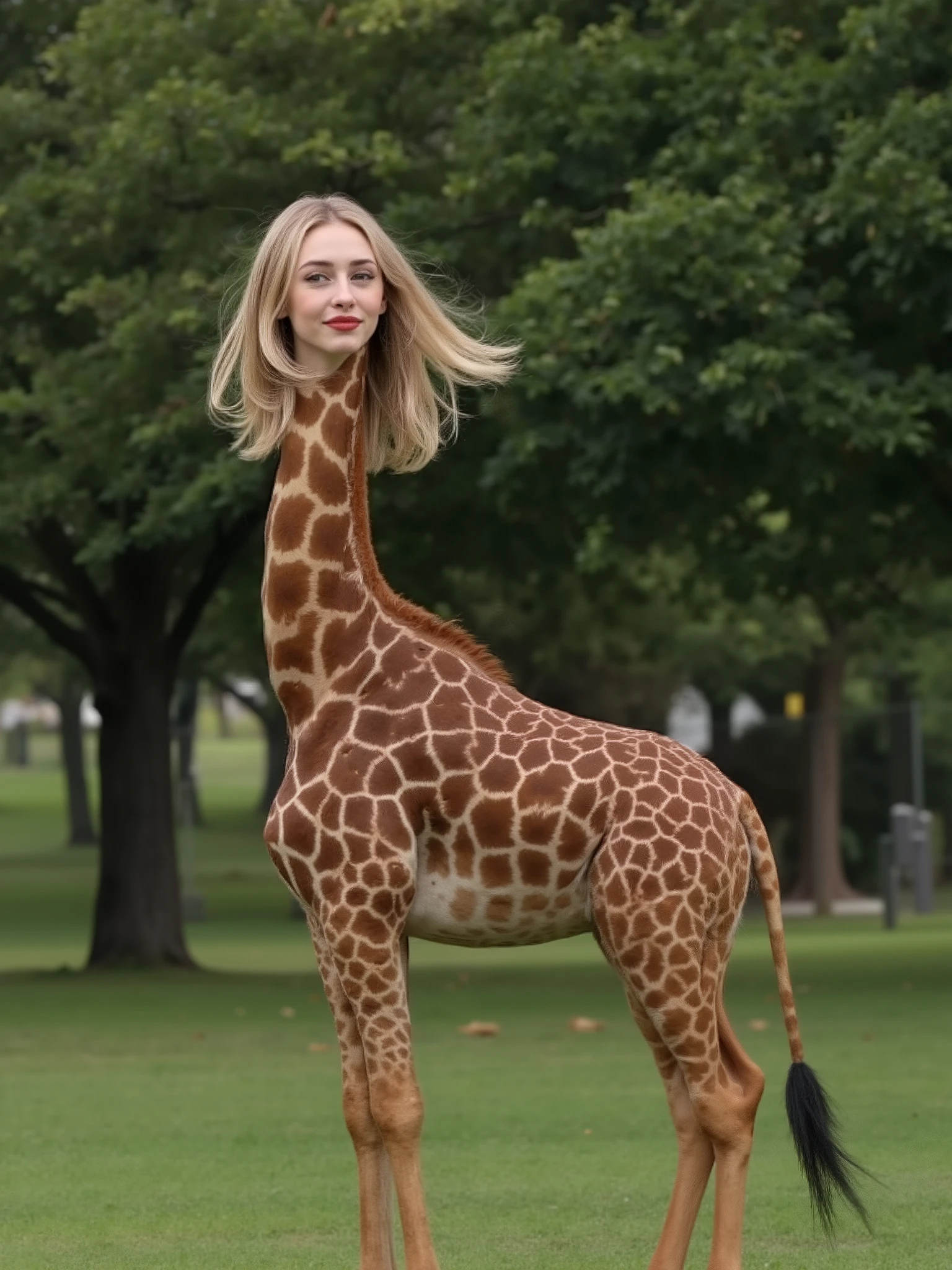 beautiful woman-giraffe hybrid, seductive female face with delicate features, full lips smiling softly, long silky blonde hair that cascades, elegant giraffe neck, long and slender, with characteristic speckled patterns, elegant body with a soft skin that combines human and giraffe features, Standing, elegantly poses on the green grass of a quiet park, leafy trees in the background, artistic photograph with soft focus