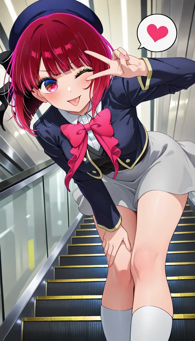 anime style, masterpiece, best quality, ultra detailed, highres, 8k, smile, 1 girl,
Arima Kana, , v over the eye, wink,, escalators, standing, legs together, looking at viewer, View from below, sideways, leaning forward , the wind moves your hair , French kiss , giving a speech ❤️, white socks
