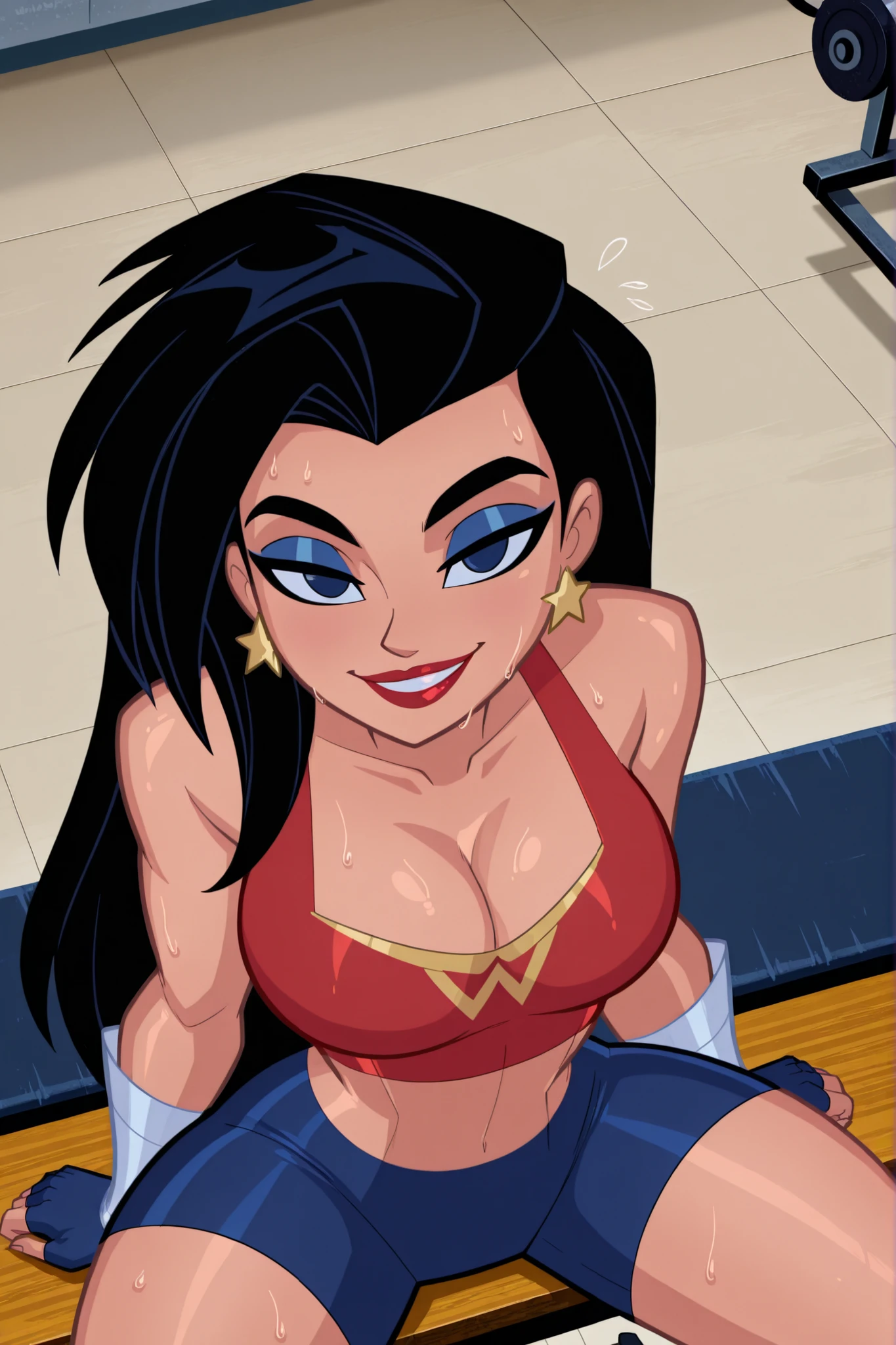 BREAK, score_6_up, score_9, score_8_up, score_7_up, ultra quality, solo, 1girl, wonderwomanjla, long hair, black hair, bare shoulders, jewelry, earrings, busty, red sports bra, blue gym shorts, blue fingerless gloves, makeup, lipstick, star earrings, looking at viewer, seducing viewer, teasing viewer, smiling, seductive expression, bedroom eyes, athletic, large breasts, cleavage, curvy, narrow waist, upper body, portrait, screencap, indoors, gym, sitting on bench, high-angle view, closeup, midriff, blue eyeshadow, sweaty, sweat drops