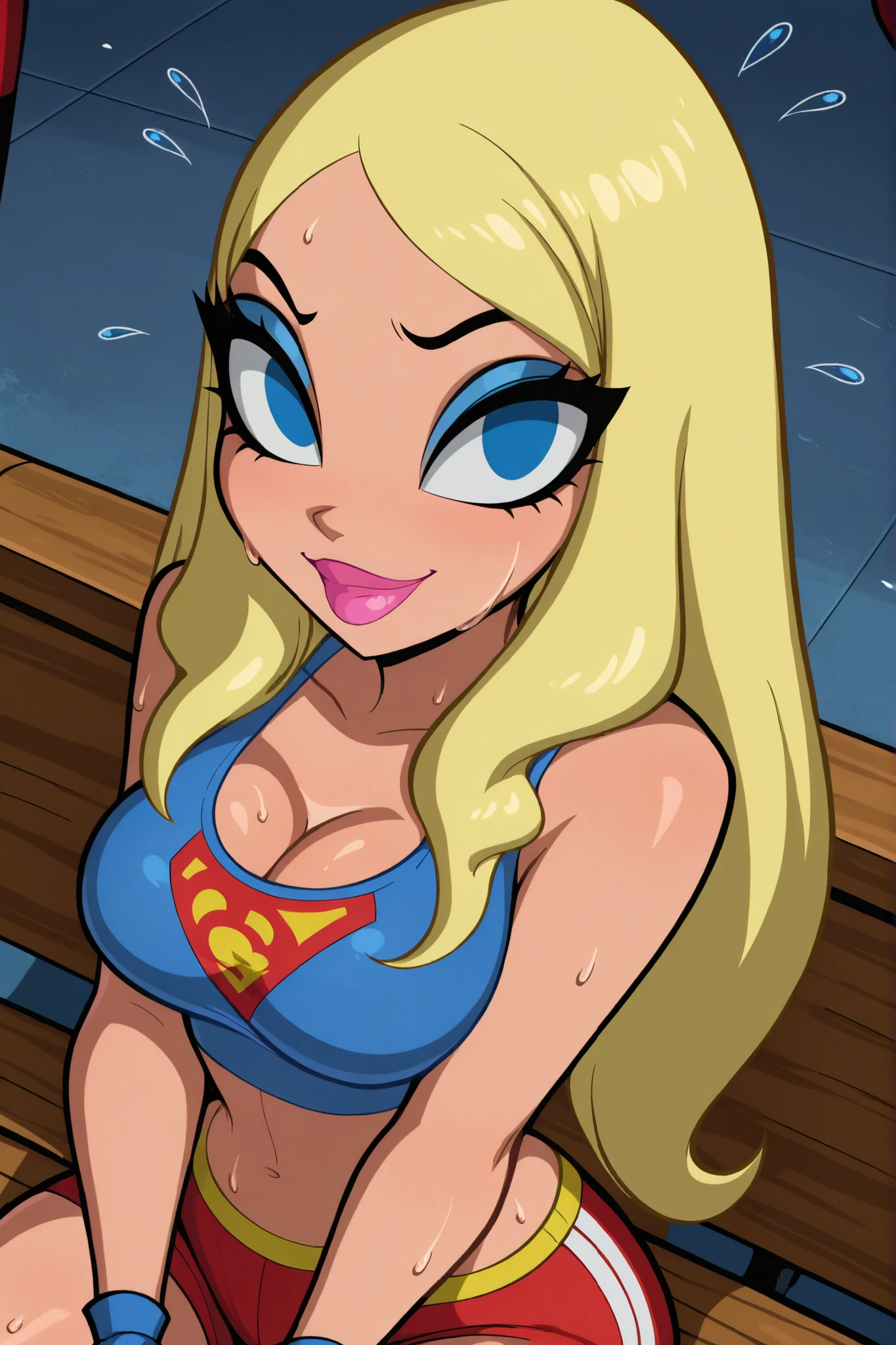 BREAK, score_6_up, score_7_up, score_8_up, score_9, masterpiece, best quality, amazing quality, SGJLA, 1girl, solo, blonde hair, blue eyes, pink lipstick, long hair, makeup, large breasts, busty, cleavage, curvy, athletic, looking at viewer, seducing viewer, teasing viewer, seductive expression, smiling, closed mouth, bedroom eyes, blue sports bra, red gym shorts, blue fingerless gloves, indoors, gym, sitting on bench, closeup, portrait, upper body, high-angle view, blue eyeshadow, sweaty, sweat drops