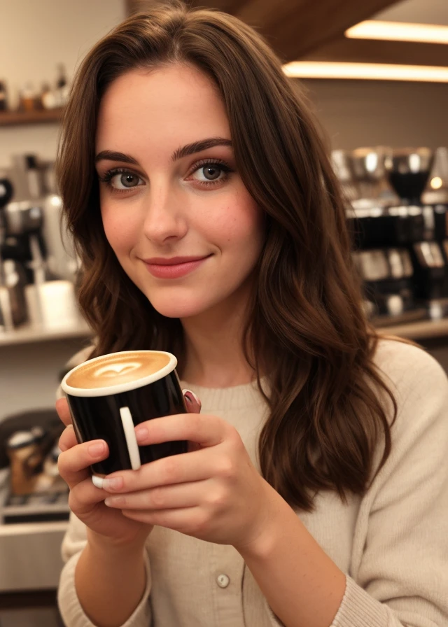Jolie belle brune noire avec pull jaune (Drinking coffee in a modern cafe at sunset), very detailed, 18 ans, Visage innocent, naturally wavy hair, yeux bleus, high resolution, chef-d'artwork, Meilleur Qulaity, Intricate details, very detailed, mise au point nette, detailed skin, texture de peau réaliste, texture, detailed eyes, professionnel, 4K, sourire charmant, prise avec Canon, 85 millimeters, Light depth of field, Kodak Vision Couleur, corps parfaitement ajusté, Extremely detailed, photographier_\(ultra\), photographicrealistic, realistic, Post-traitement, Maximum details, roughness, vrai vie, ultraRealistic, photorealism, photographie, 8K UHD, photographie