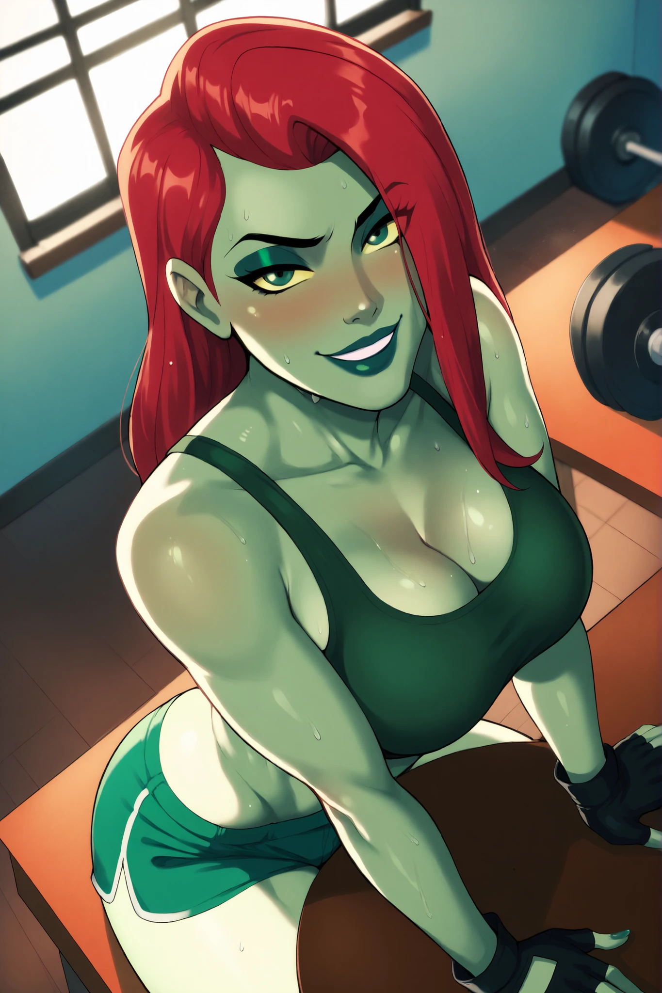 PoisonIvyCartoon, BREAK, score_8_up, score_7_up, score_6_up, score_9, 1girl, lipstick, makeup, large breasts, cleavage, green eyes, yellow sclera, green skin, colored skin, long red hair, black lips, curvy, athletic, seductive expression, bedroom eyes, smile, closed mouth, busty, dark green sports bra, dark green gym shorts, dark green fingerless gloves, indoors, gym, looking at viewer, seducing viewer, teasing viewer, sitting on stool, high-angle view, dark green eyeshadow, closeup, portrait, upper body, sweaty, sweat drops 