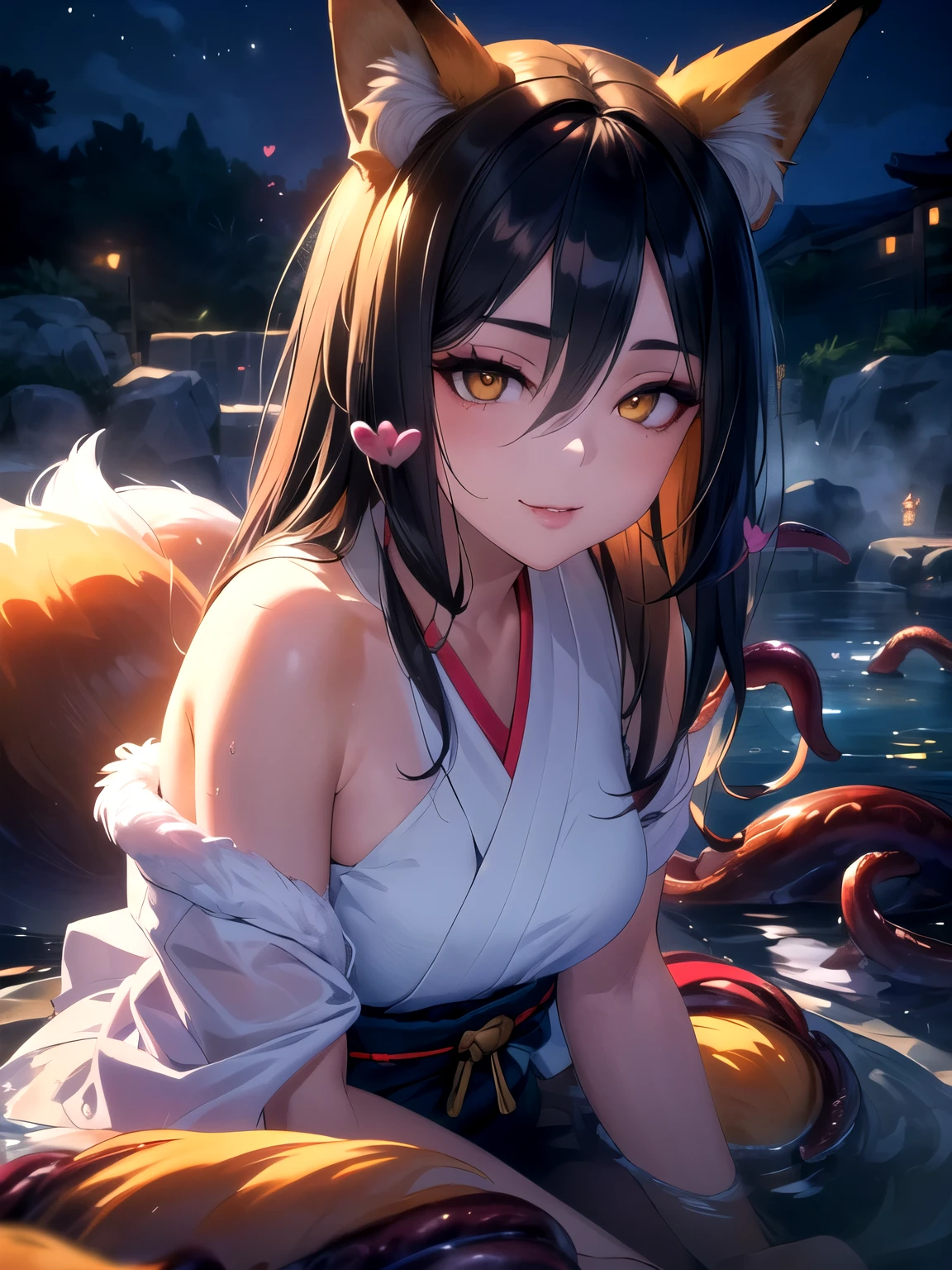 (Surrounded by 100 obscene tentacles, 5 floating hearts, hot spring fox demon, humanoid fox, fox fur, tail, night, Japanese style, sitting: 1.5) (Large white bath towel wrapped around body, girl, young, small breasts, yellow eyes, fox-colored hair, lolita, round face, seductive smile) (Unreal Engine, 3D rendering, detailed face and eyes, glossy texture, deep shadows, rim light, mood lighting, out-of-frame legs, detailed hands, upper body close-up) (UHD, Retina, Masterpiece, Accurate, Anatomically Correct, Textured Skin, Ultra-Detailed, High-Detailed, High Quality, Award-Winning, Top Quality, High Resolution, 16k)