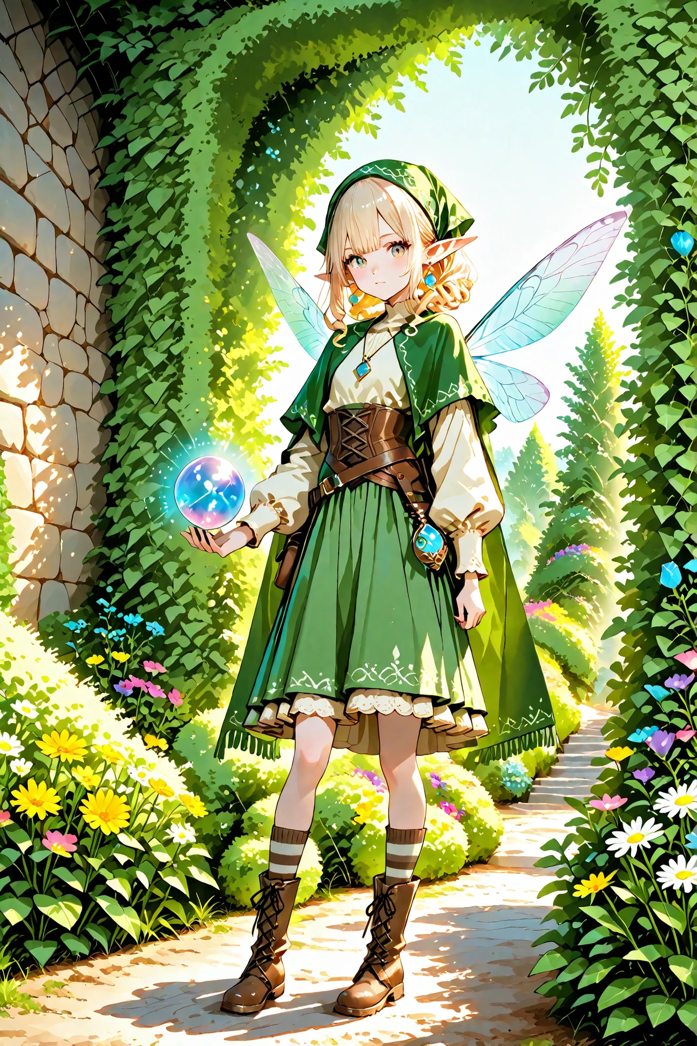 (vivid lighting,vibrant color palette,moody lighting, dramatic shadows, bloom lighting, colored shadows,cute anime girl,)
Tooth faèrie princess. She has tall, thin miniature physique. She has holographic dragonfly wings. She has pale ivory skin and long pointy elf ears. Her eyes are sky-blue. She has long loose golden-blonde ringlet hairstyle decorated with wildflowers. She is dressed in fantasy medieval style: She wearing a vintage lace undergarment over it a knitted beige top with long elvish sleeves. She's wearing a brown leather corset-belt. She wears a marsh-green long tulip skirt. She's wearing striped beige tattered knee socks, and ankle-high chunky brown lace-up boots with daisies, cornflowers, lavender sticking out of boots. She wears earrings and a pendant with blue crystal orb. She wearing a green shawl and a head kerchief (headscarf) with nature ornament. (On the background: The small two-storey overgrowth with multicolored flowers cottage in the style of fantasy, hedge of climbing plants wild grapes.)