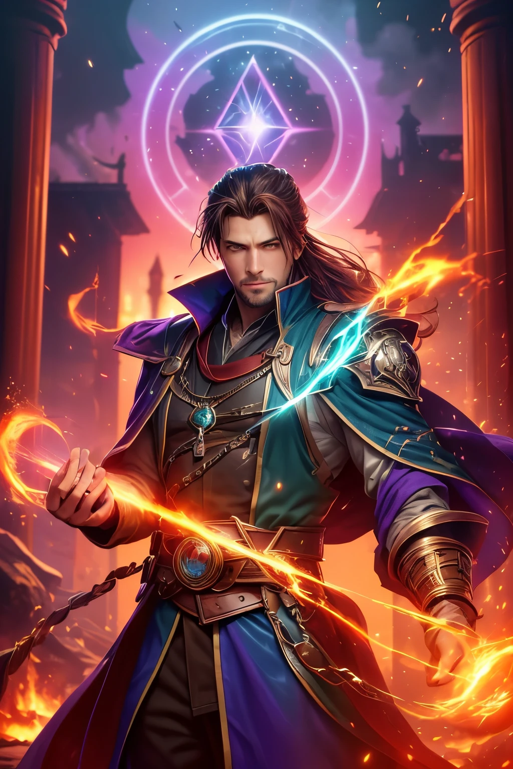 Gavin Guile ((long hair, roguish smile, short goatee)) is a muscular man with broad shoulders, yet still slender and in excellent physical condition. His hair is the color of burnished copper, medium, a striking reddish-brown hue, tied in a loose ponytail. He has lighter skin, suggesting a mixed heritage from two of the regions: the olive-skinned Ruthgari and the deathly pale Blood Foresters. His natural eye color is a shocking blue, but overlaying the blue are the multi-colored rings in his irises—the visible sign of his incredible drafting (((magical))) power. As the Prism, the colors of the light spectrum (red, orange, yellow, green, blue, and sometimes even violet and sub-red) appear in his eyes, showing his ability to draft all colors of light into physical "luxin." As the High Priest and Emperor of the Chromeria, he is almost certainly seen in richly colored, authoritative and loose hoodless robes or high-quality military attire befitting the most powerful man in the world. Set in a pre-industrial fantasy world, although it is more technologically advanced than a typical medieval setting, featuring things like gunpowder weapons. Conjuring magic of different colors (Sub-red, red, orange, yellow, green, blue, ultraviolet) in his hands