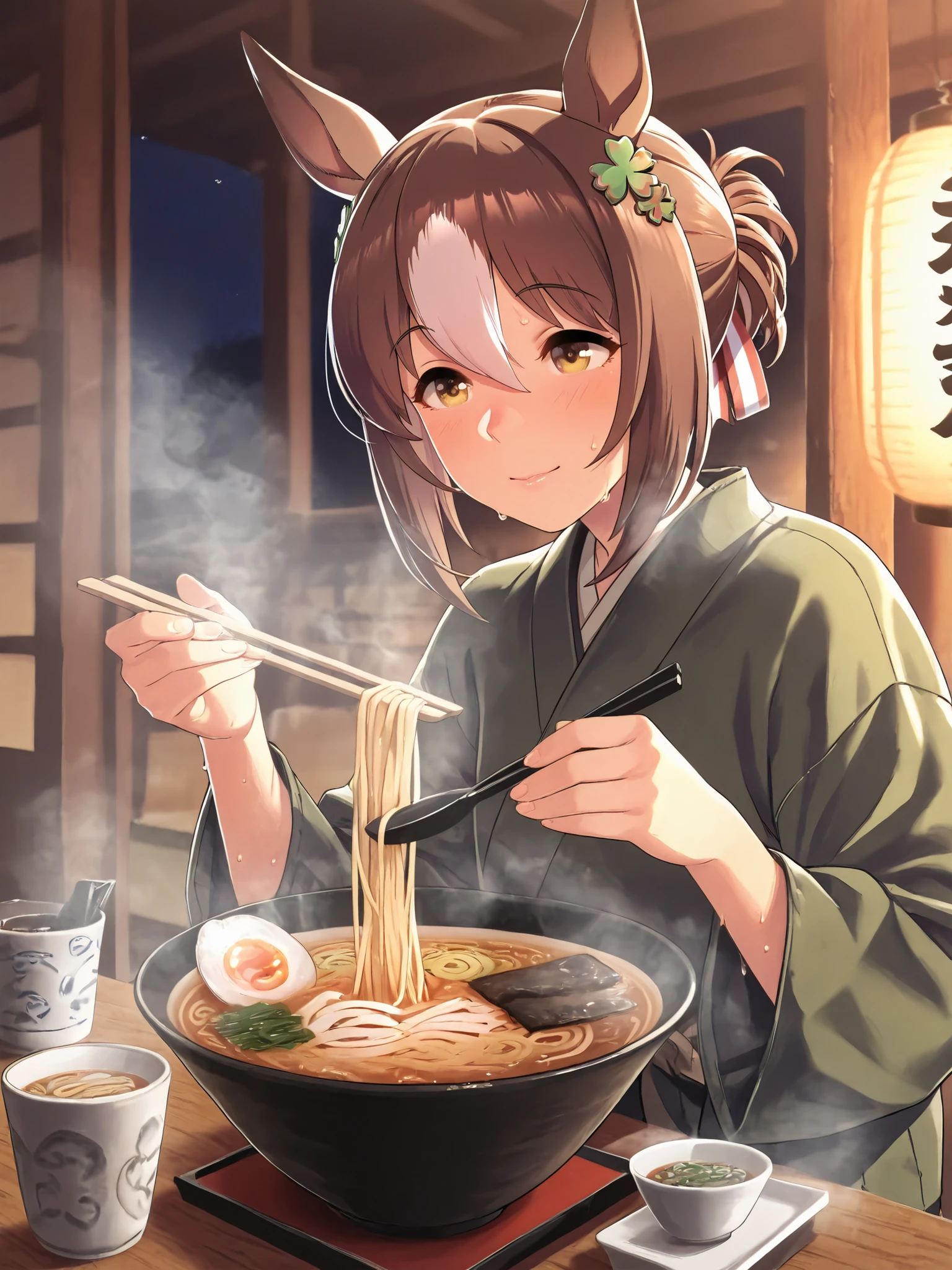 Highest Quality,masterpiece,深夜のRamen屋,Ramen,Warm comfort at night,steam rises,with penis,sweat,is soft to the touch,Delicate Body Curves,Realistic Human Body,Uma Musume,Fine Motion,horse ear,