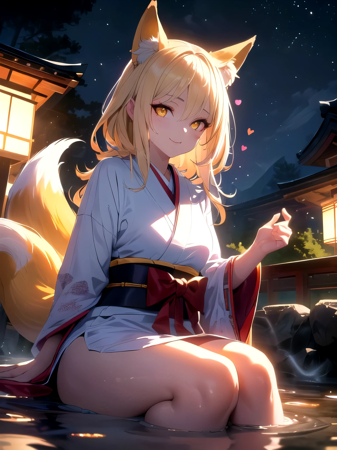 (Surrounded by 100 obscene tentacles, 5 floating heart marks, open-air bath, fox demon, humanoid fox, fox fur, tail, night, Japanese style, sitting: 1.5) (large white bath towel wrapped around body, girl, young, small breasts, yellow eyes, fox-colored hair, lolita, round face, seductive smile) (unreal engine, 3D rendering, detailed face and eyes, glossy texture, deep shadows, rim light, mood lighting, out-of-frame legs, detailed hands, focus on face,) (UHD, retina, masterpiece, accurate, anatomically correct, textured skin, ultra-detailed, high-detailed, high-quality, award-winning, highest quality, high resolution, 16k)